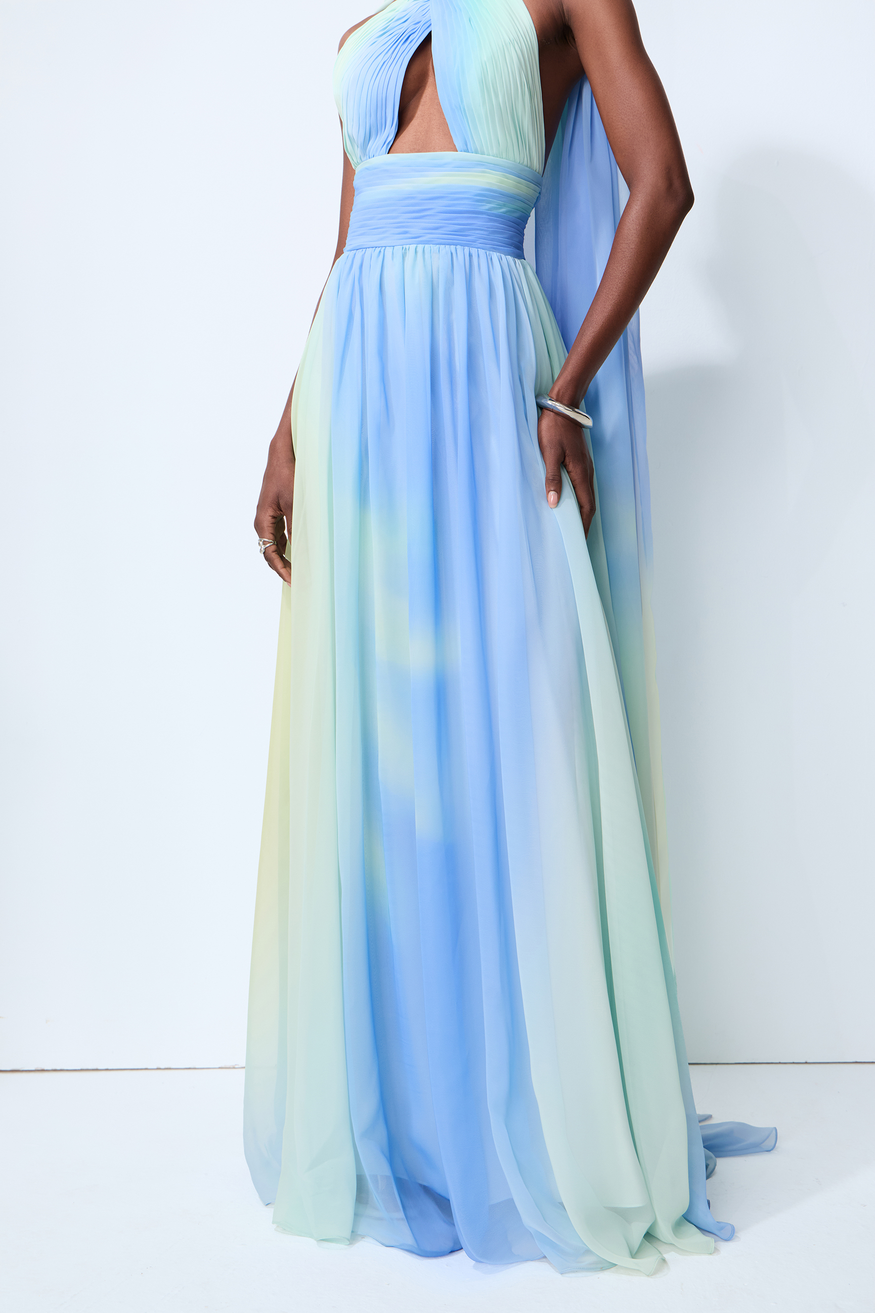Elegant Night Blue Cutout Chiffon Maxi Dress With Scarf