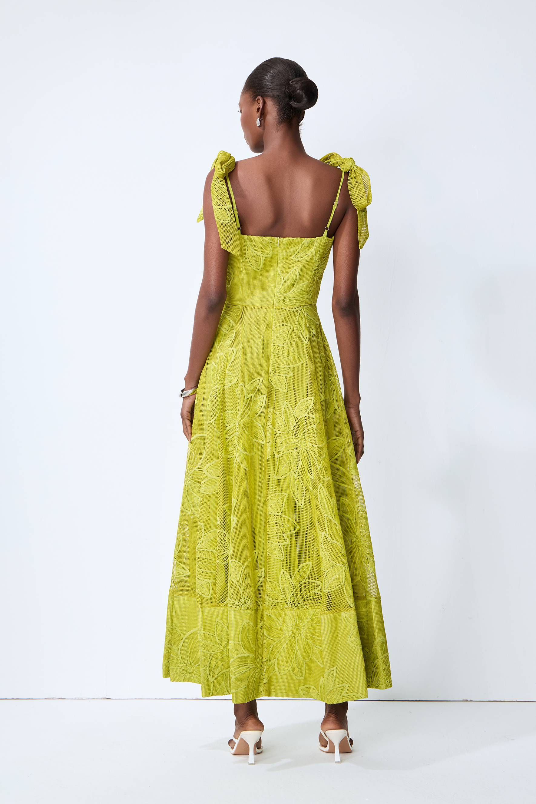 Spring Romance Green Floral Lace Bow Strap Maxi Dress