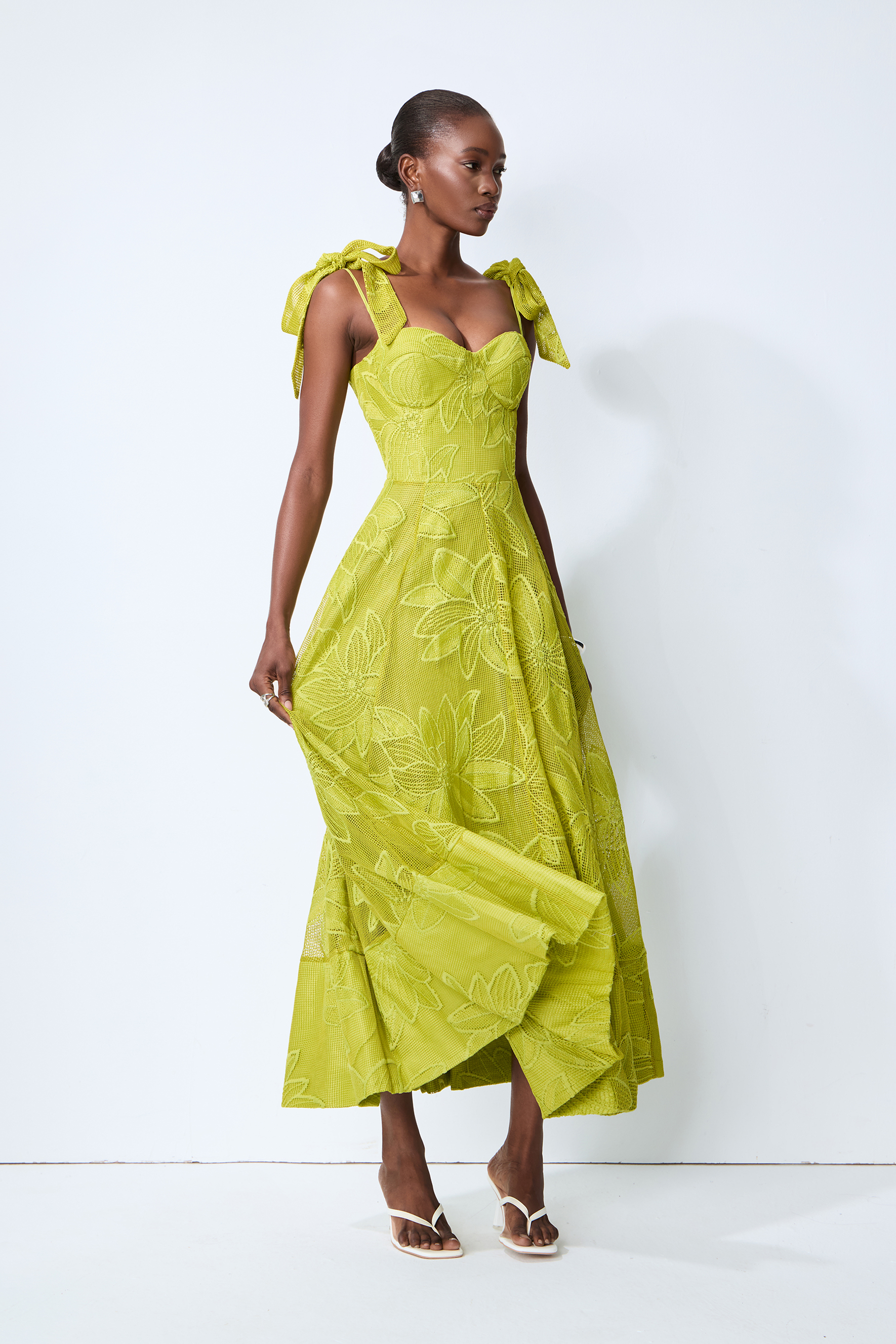 Spring Romance Green Floral Lace Bow Strap Maxi Dress