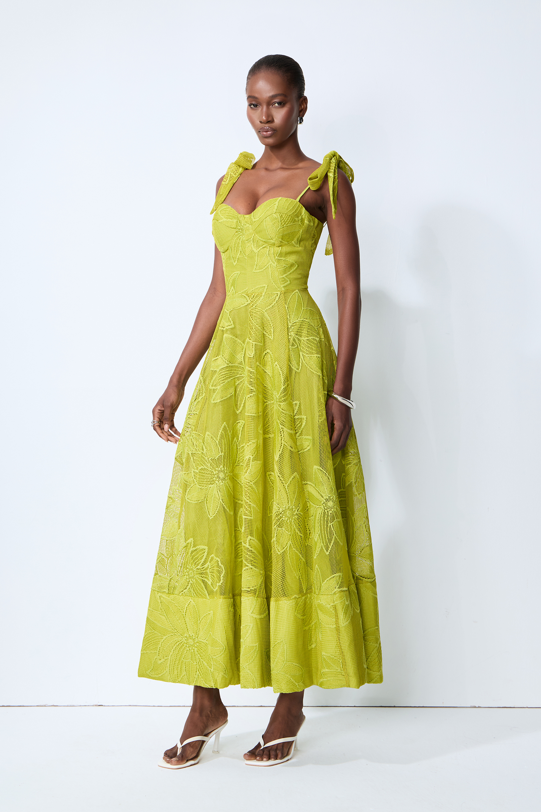 Spring Romance Green Floral Lace Bow Strap Maxi Dress