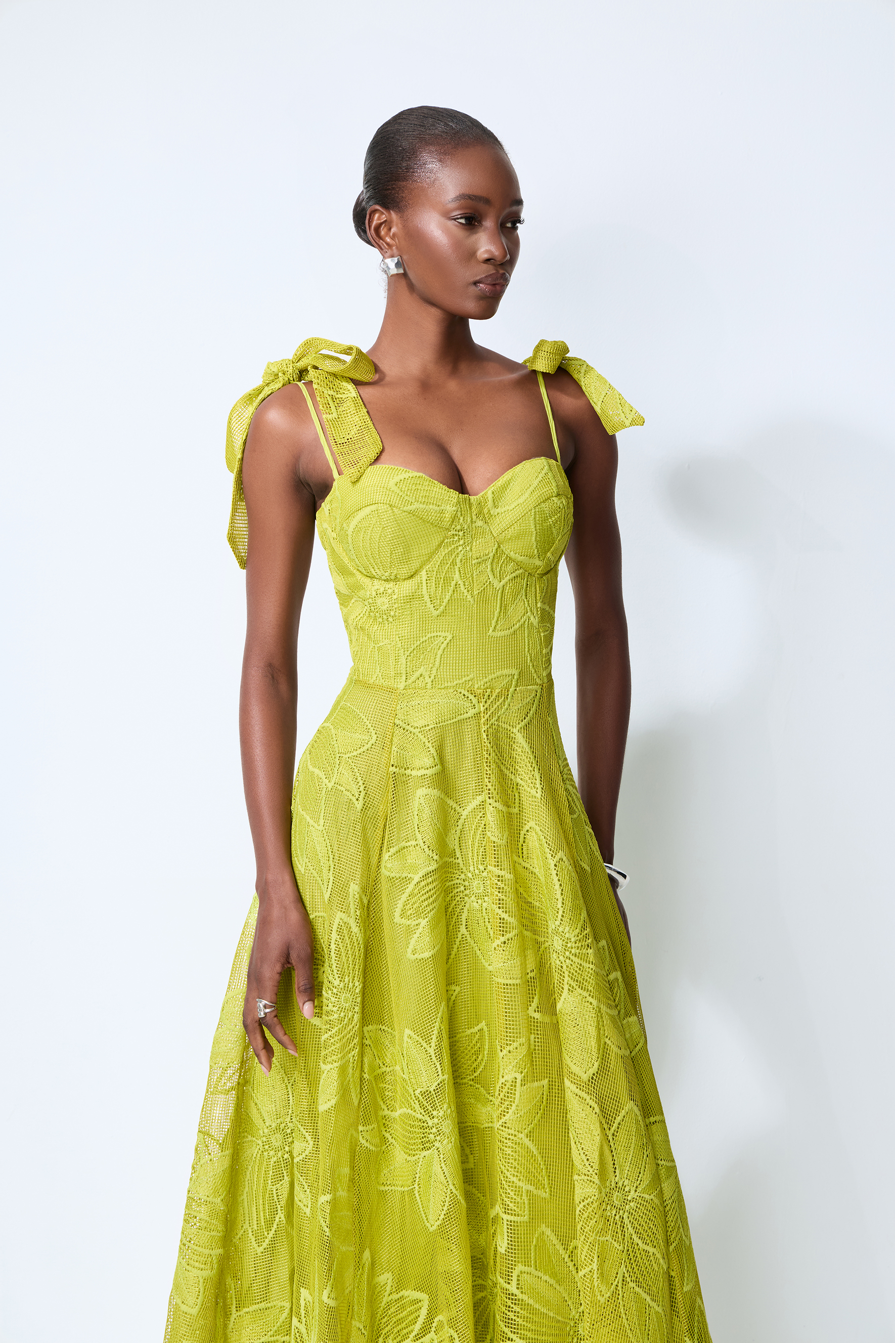 Spring Romance Green Floral Lace Bow Strap Maxi Dress