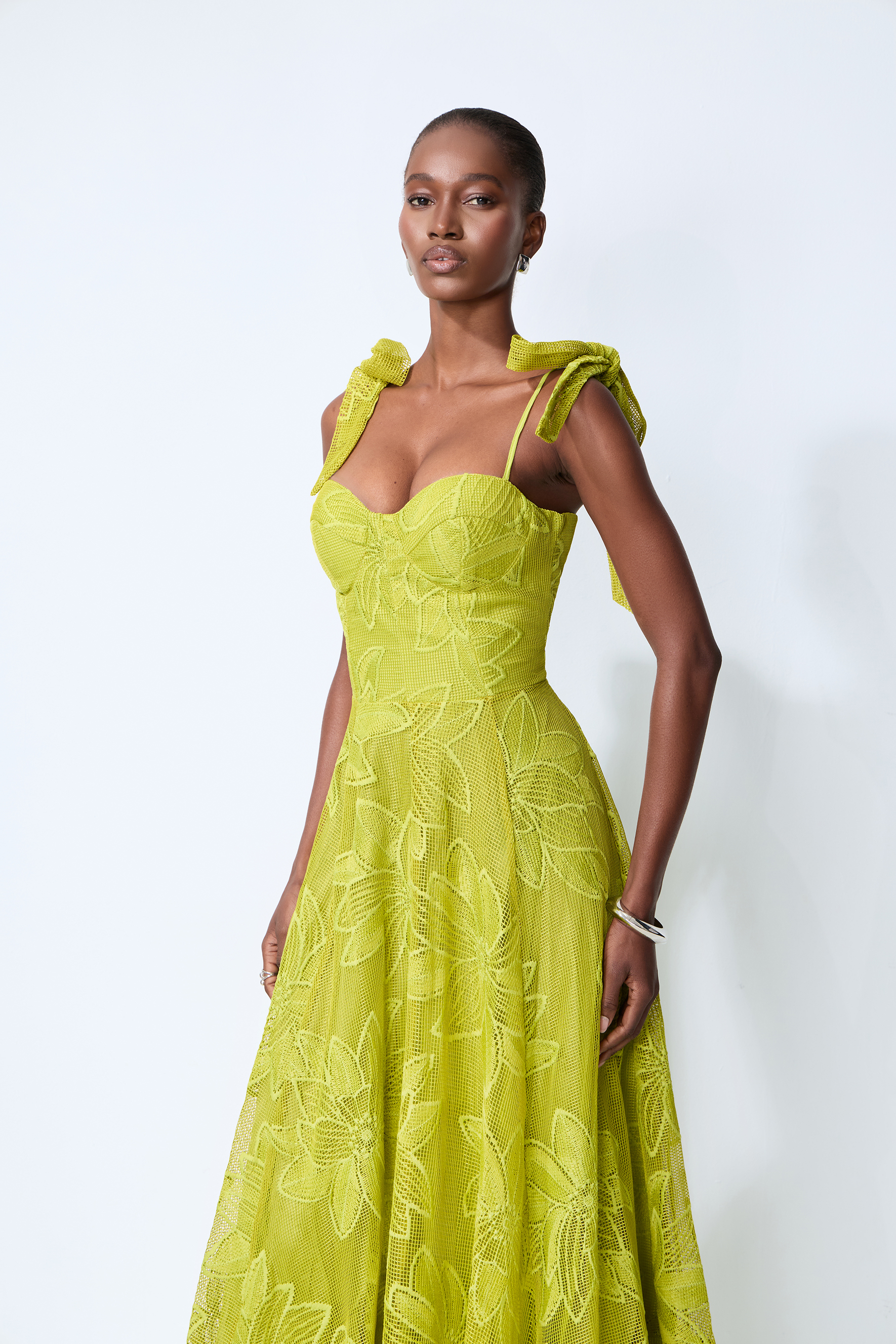 Spring Romance Green Floral Lace Bow Strap Maxi Dress