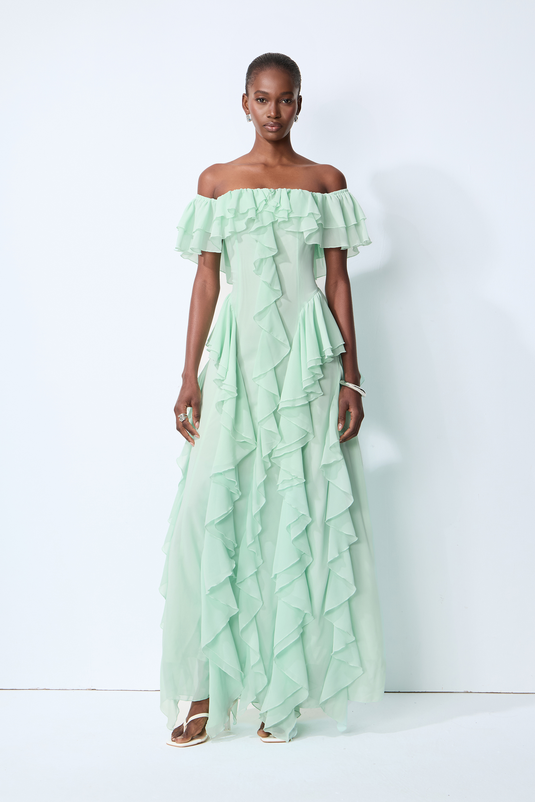 Every Love Song Green Off-The-Shoulder Ruffle Maxi Dress