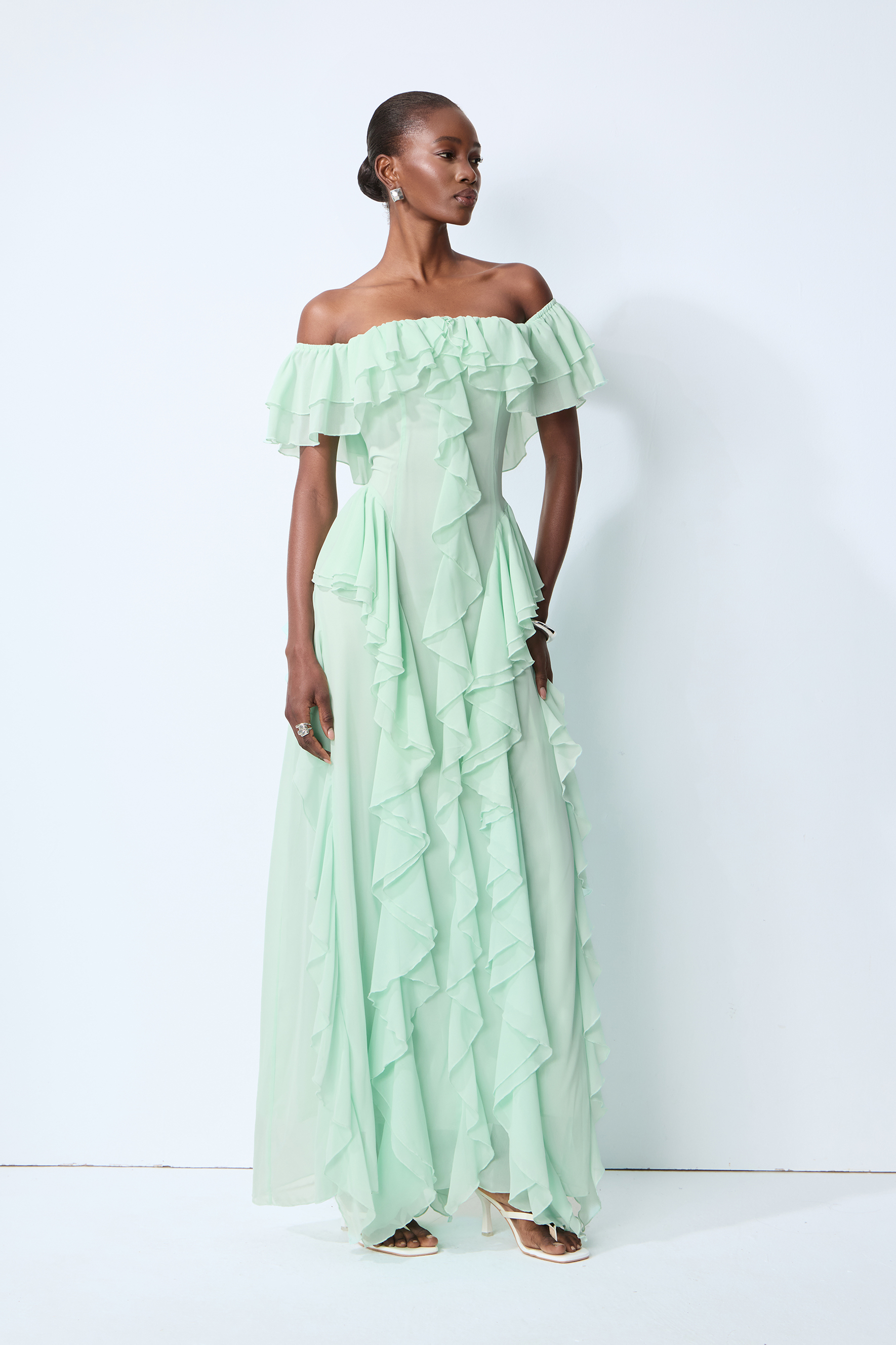 Every Love Song Green Off-The-Shoulder Ruffle Maxi Dress
