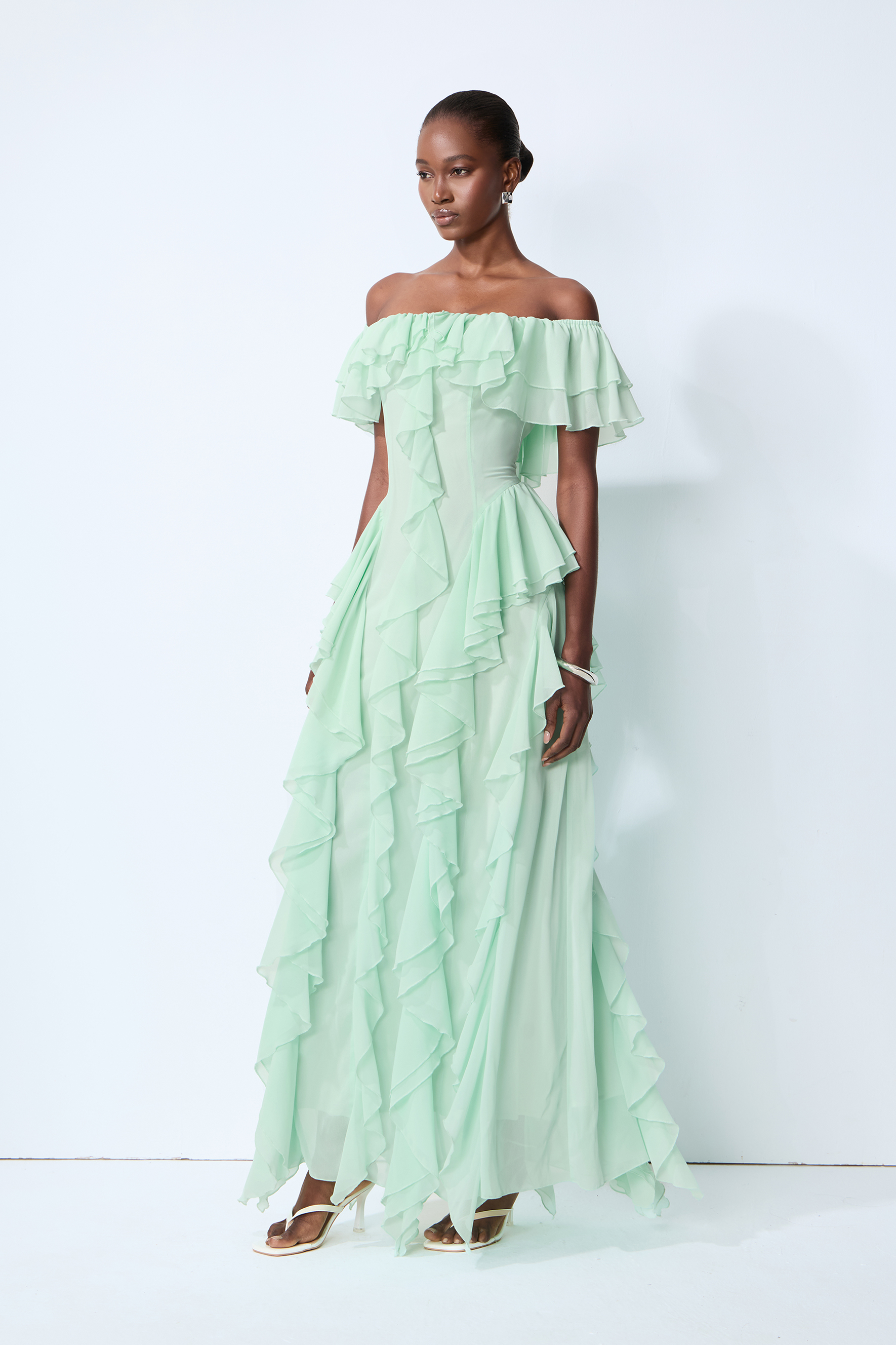 Every Love Song Green Off-The-Shoulder Ruffle Maxi Dress