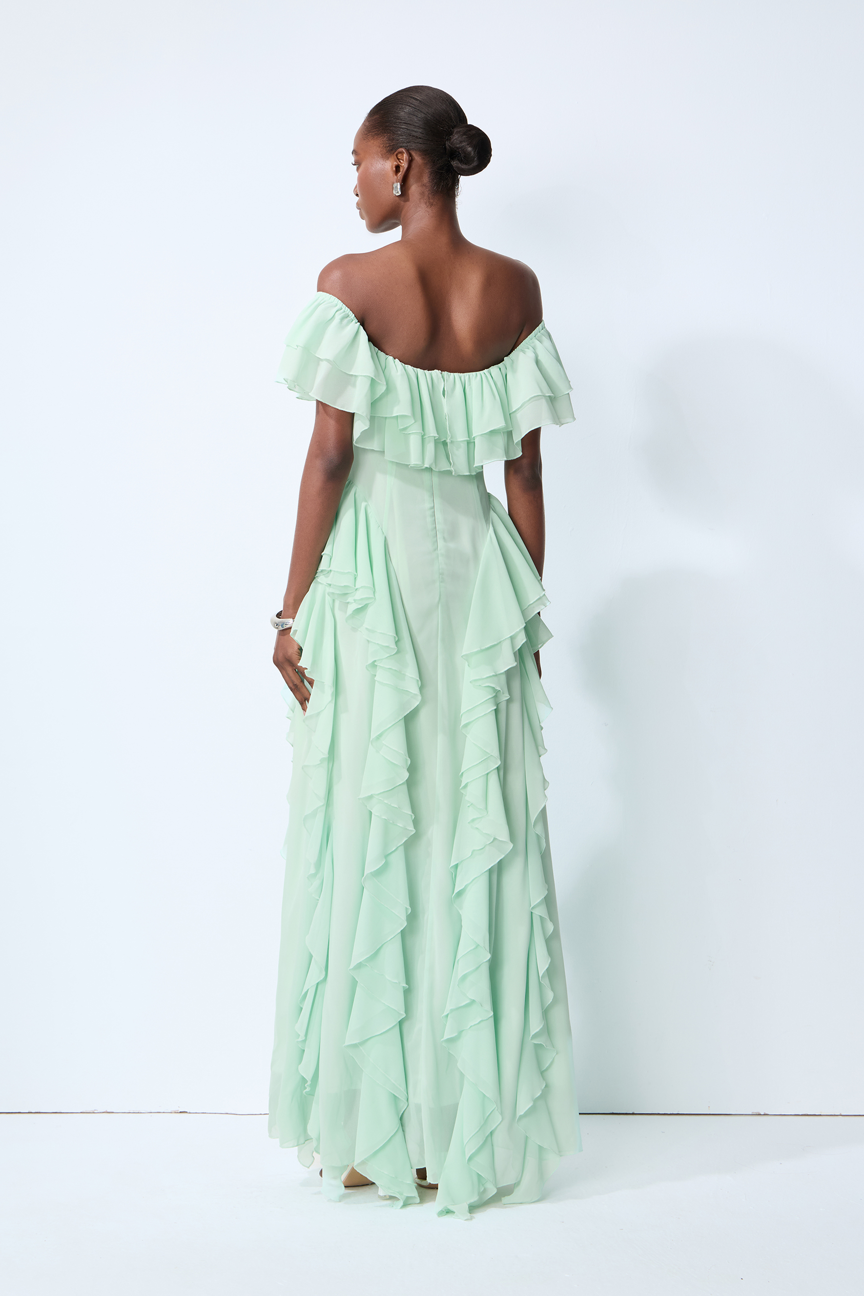 Every Love Song Green Off-The-Shoulder Ruffle Maxi Dress