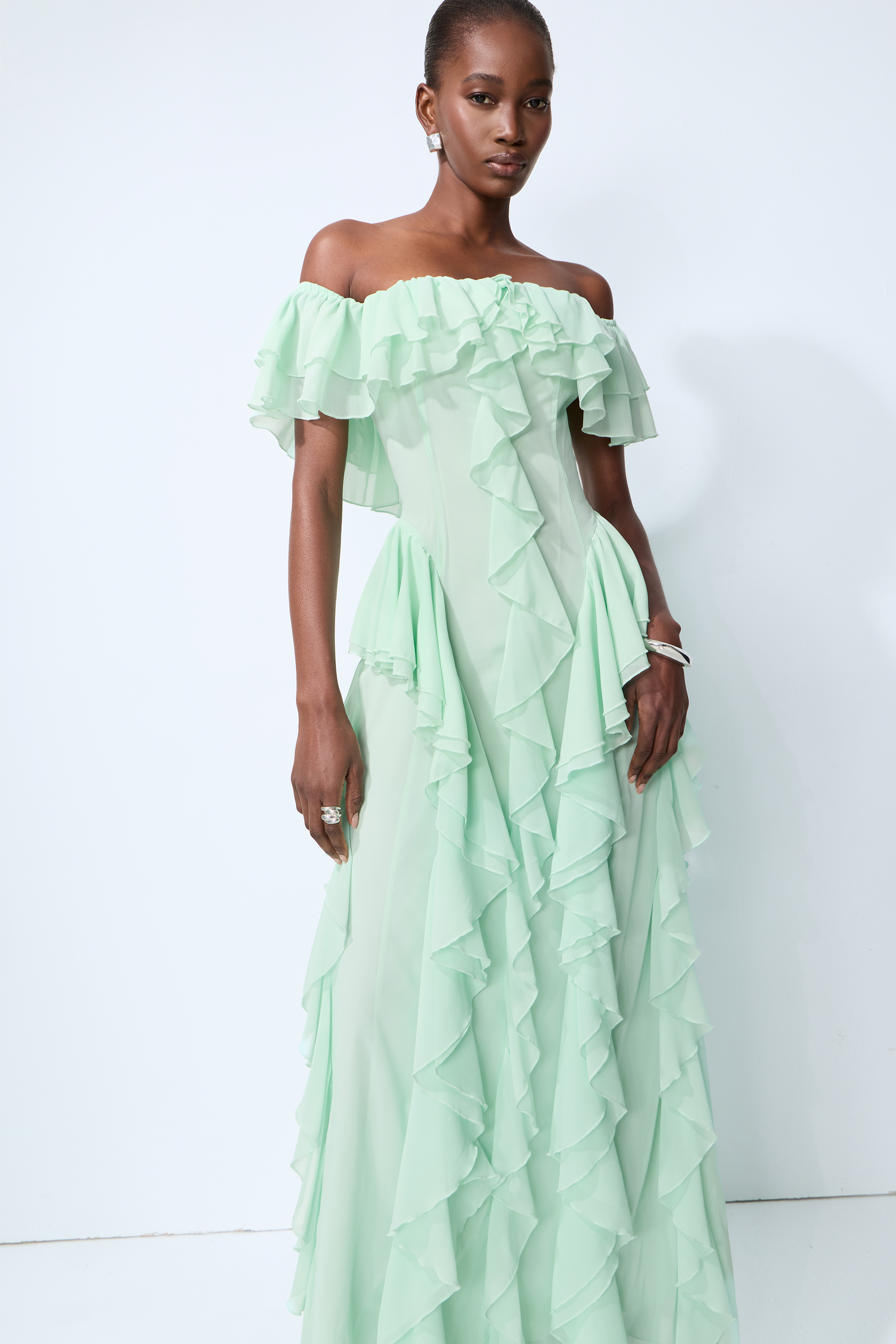 Every Love Song Green Off-The-Shoulder Ruffle Maxi Dress