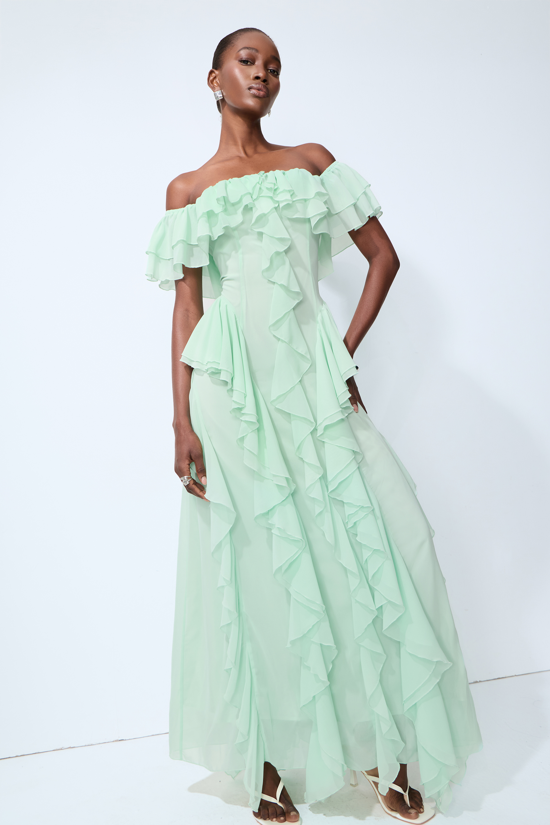 Every Love Song Green Off-The-Shoulder Ruffle Maxi Dress