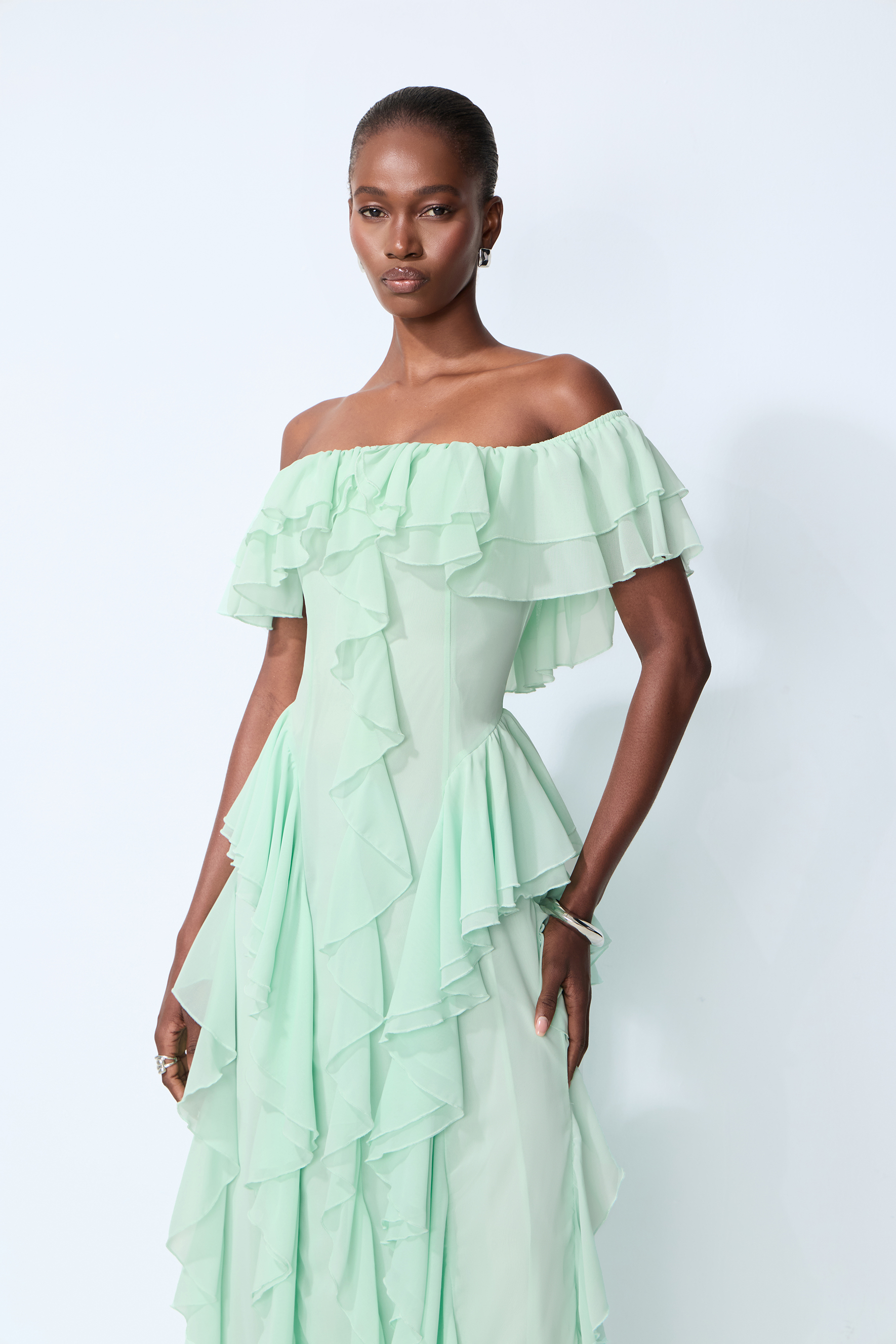 Every Love Song Green Off-The-Shoulder Ruffle Maxi Dress