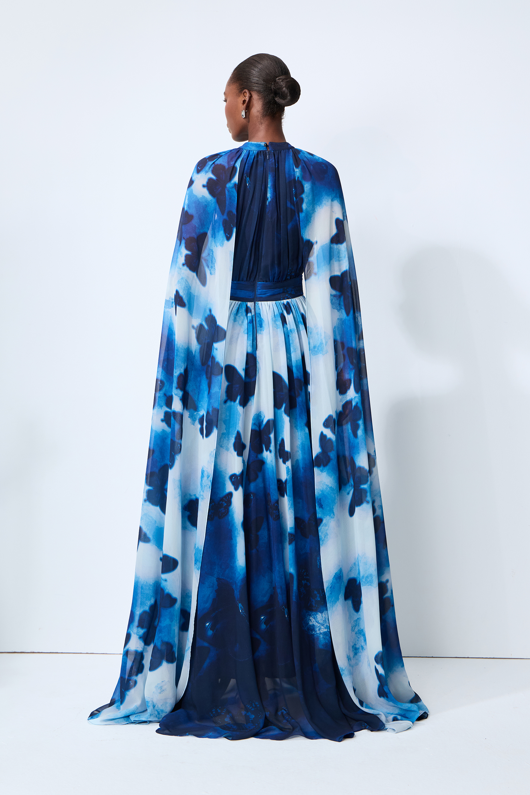 Undeniable Allure Blue Butterfly Print Cape Sleeve Maxi Dress