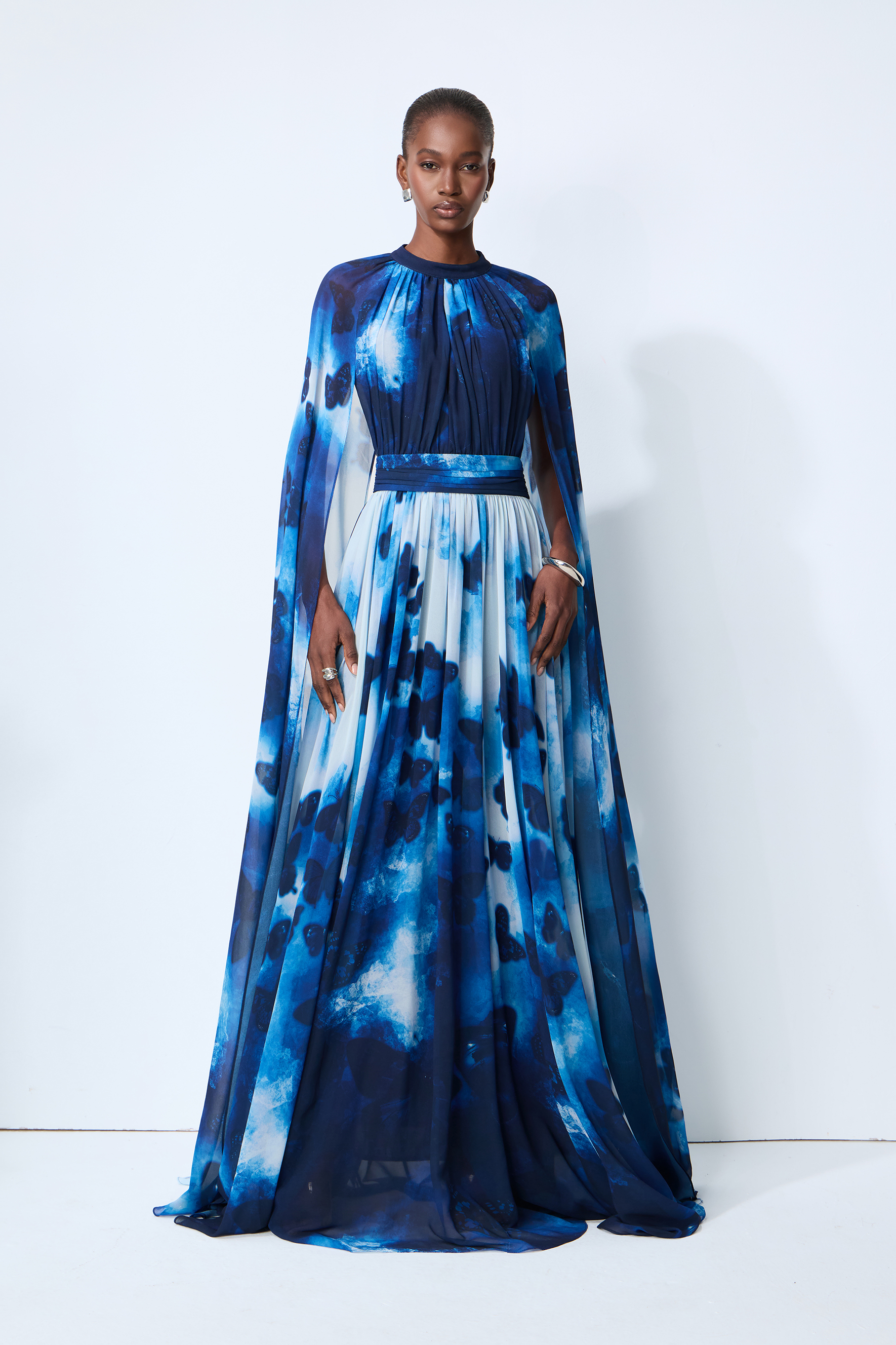 Undeniable Allure Blue Butterfly Print Cape Sleeve Maxi Dress