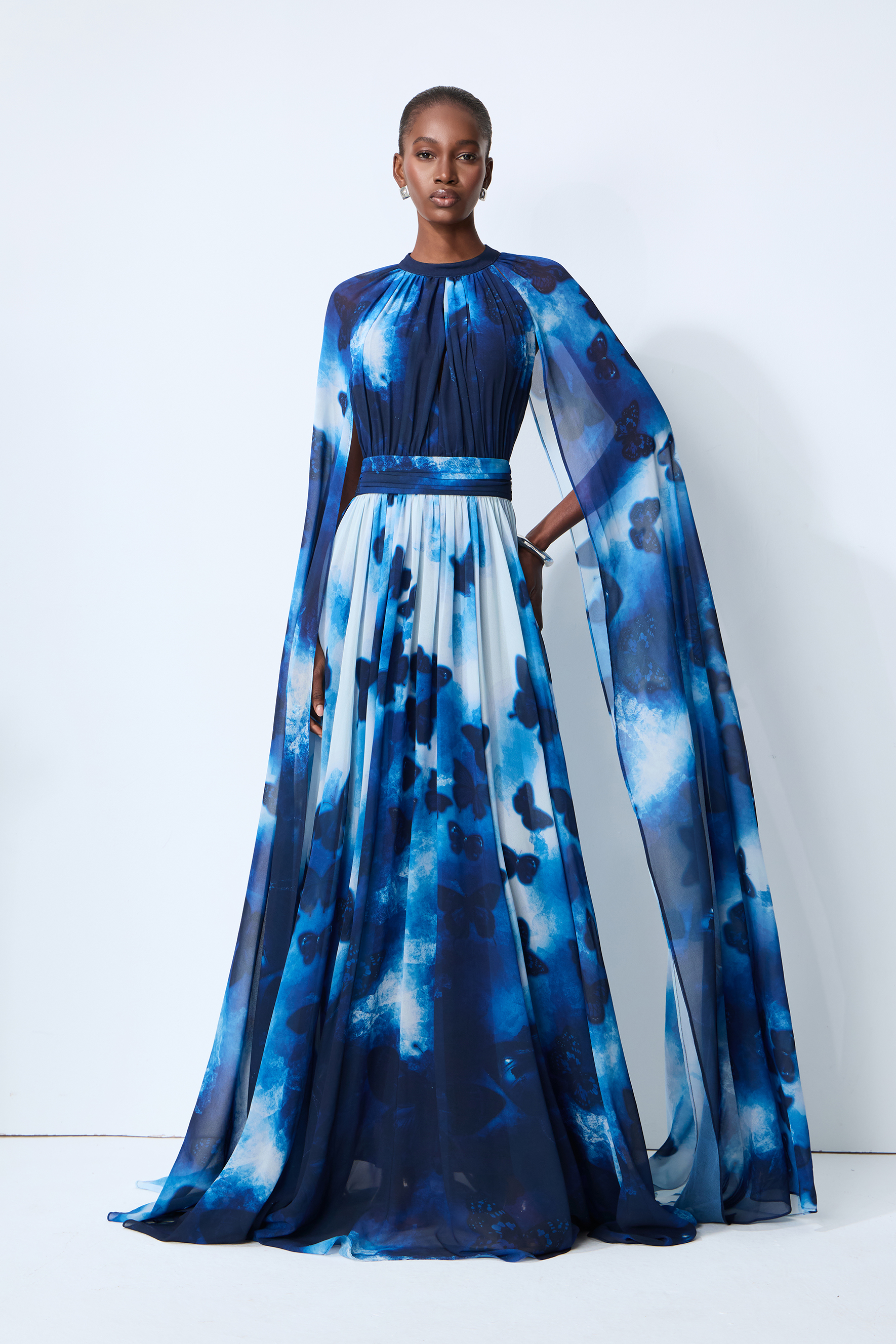 Undeniable Allure Blue Butterfly Print Cape Sleeve Maxi Dress
