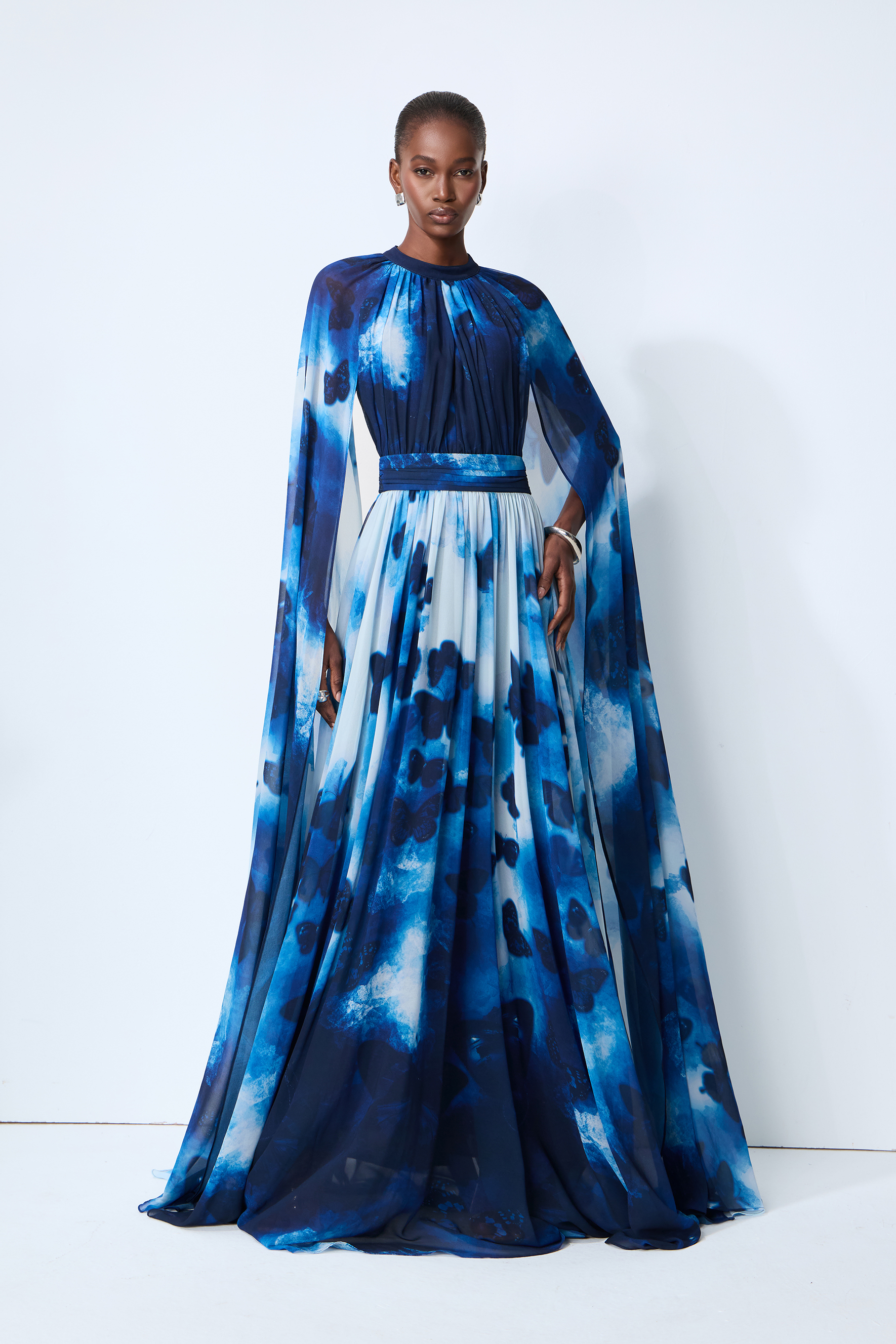 Undeniable Allure Blue Butterfly Print Cape Sleeve Maxi Dress