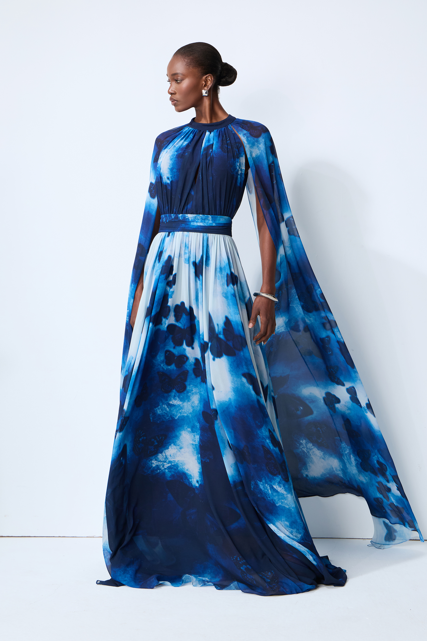 Undeniable Allure Blue Butterfly Print Cape Sleeve Maxi Dress