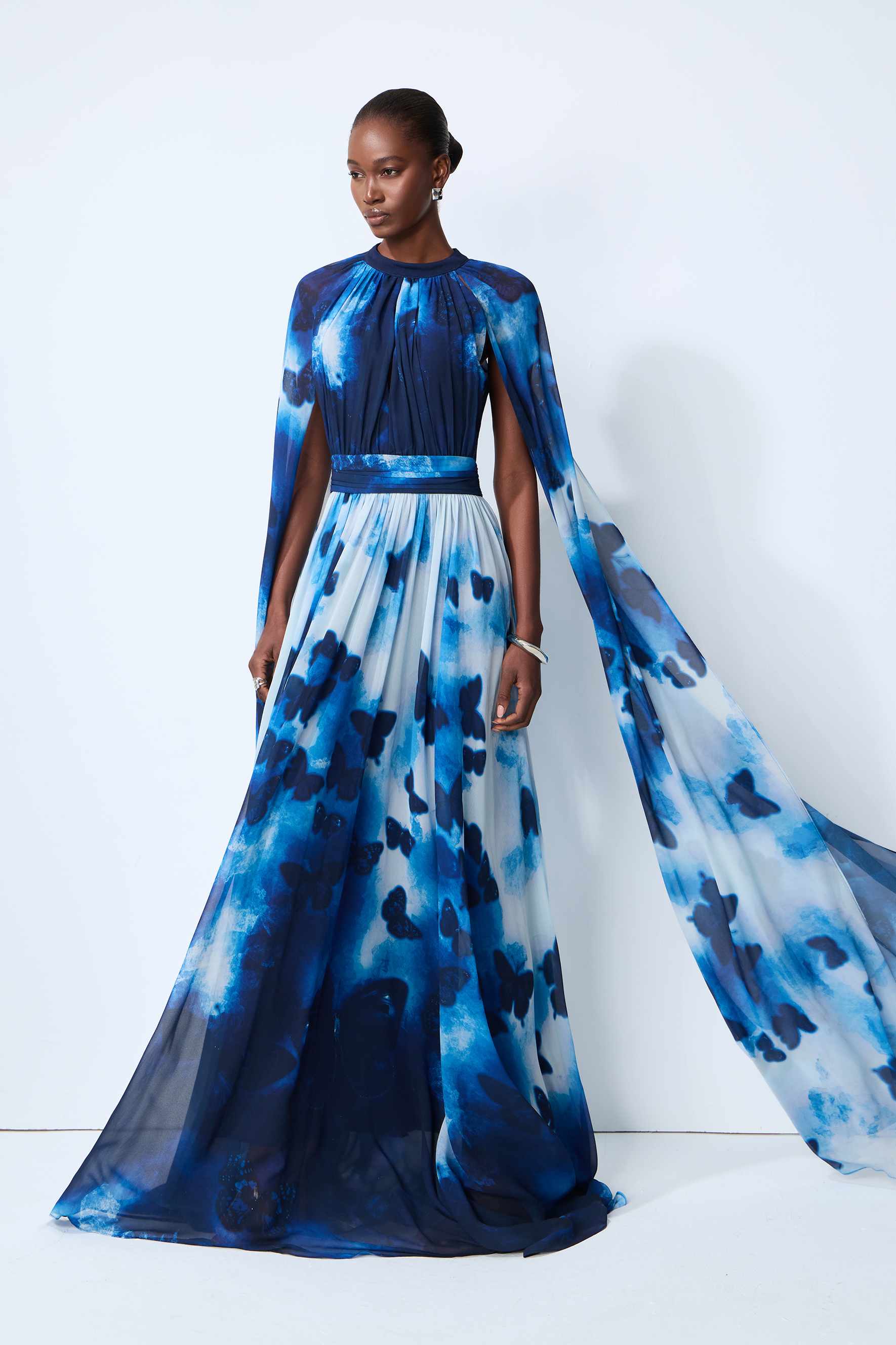 Undeniable Allure Blue Butterfly Print Cape Sleeve Maxi Dress