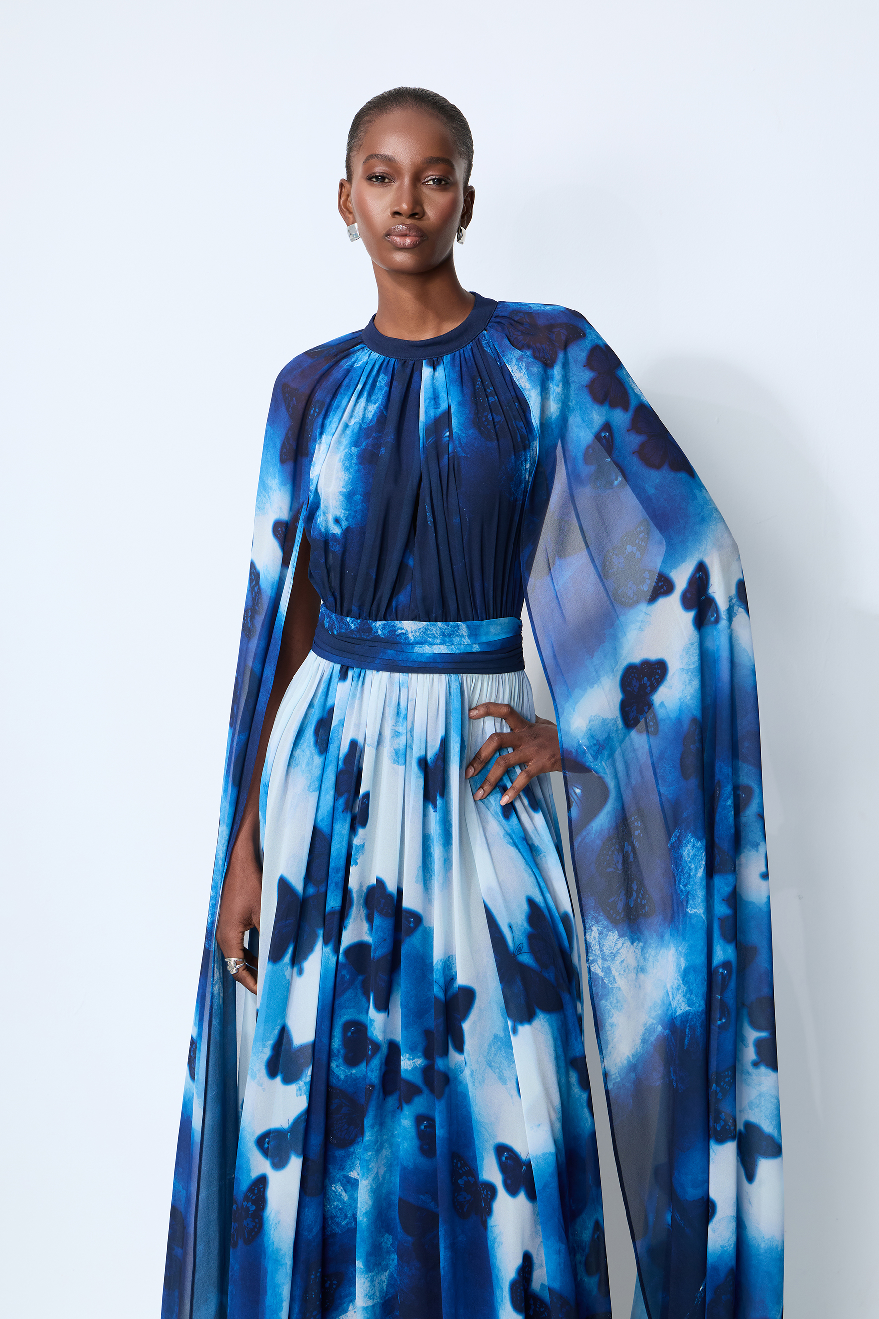 Undeniable Allure Blue Butterfly Print Cape Sleeve Maxi Dress