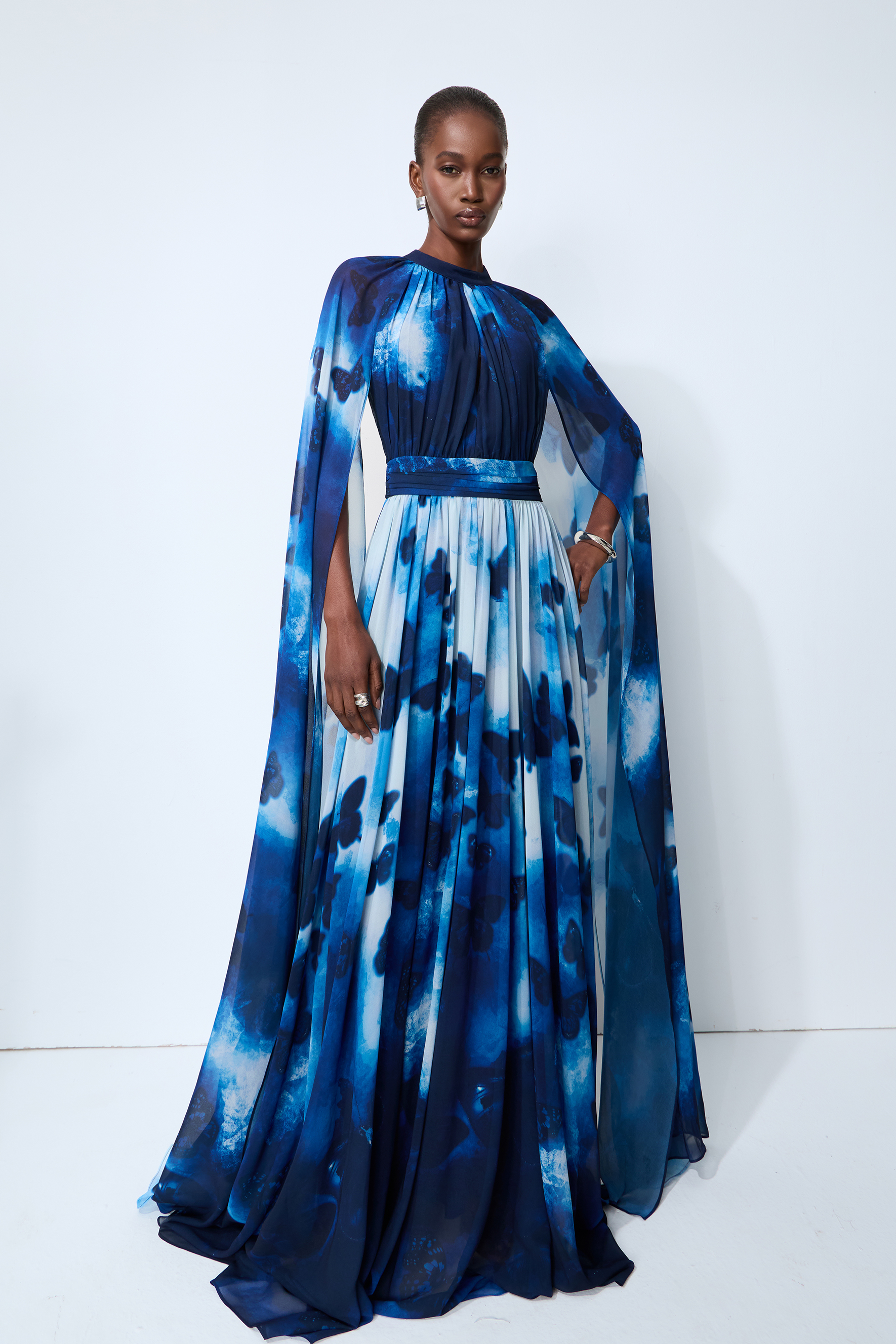 Undeniable Allure Blue Butterfly Print Cape Sleeve Maxi Dress