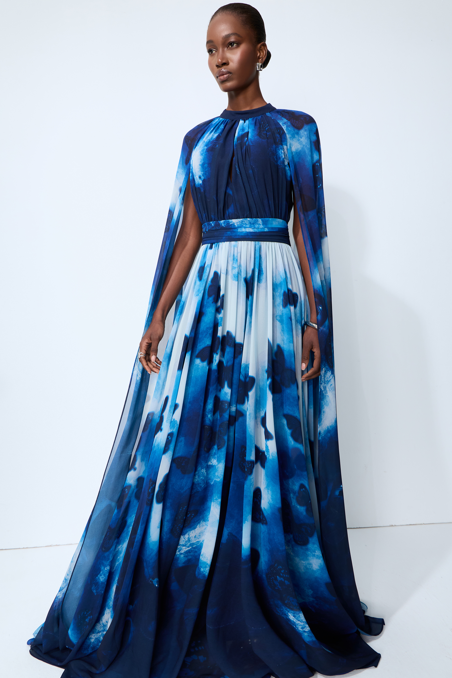 Undeniable Allure Blue Butterfly Print Cape Sleeve Maxi Dress