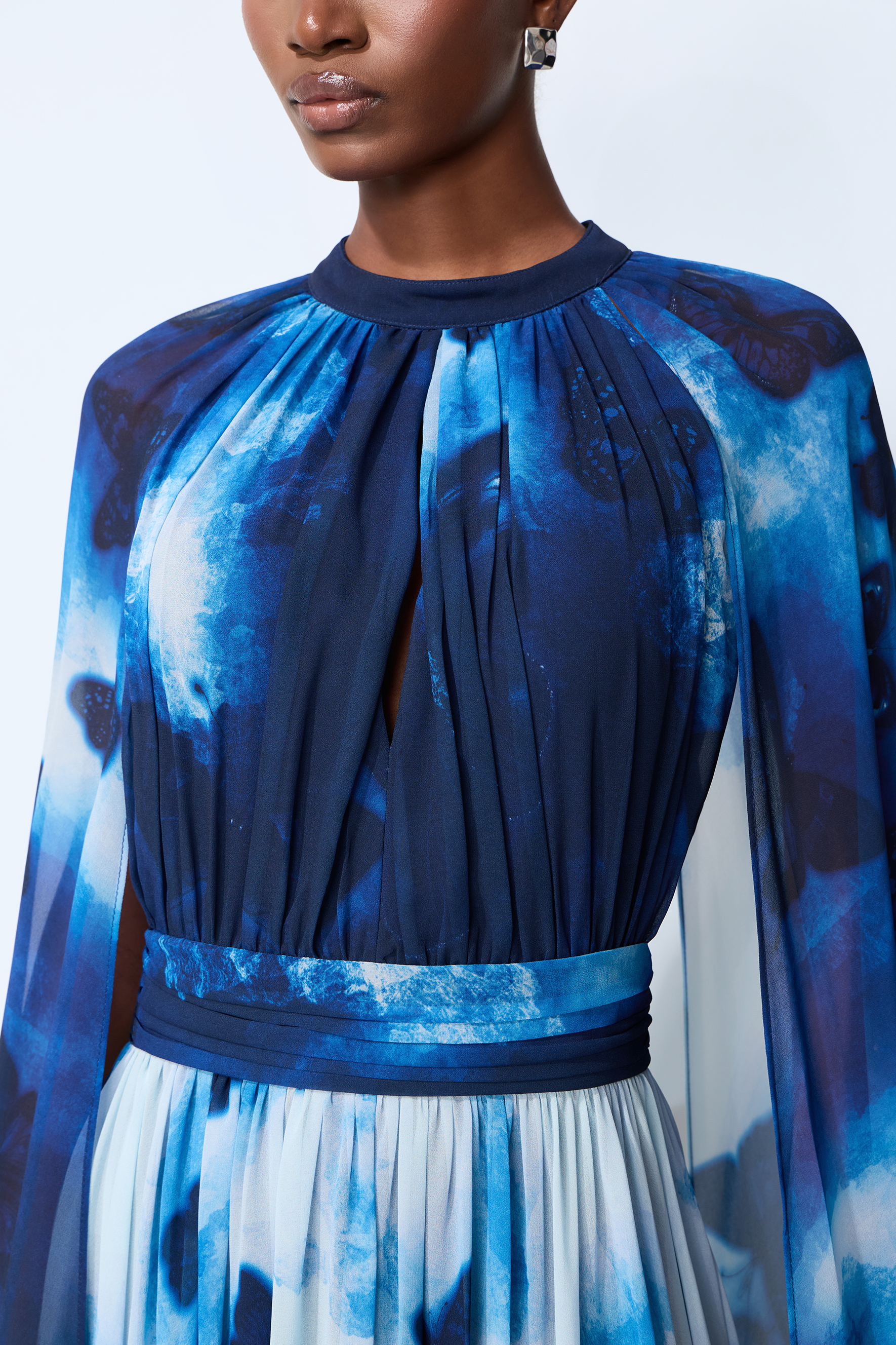 Undeniable Allure Blue Butterfly Print Cape Sleeve Maxi Dress