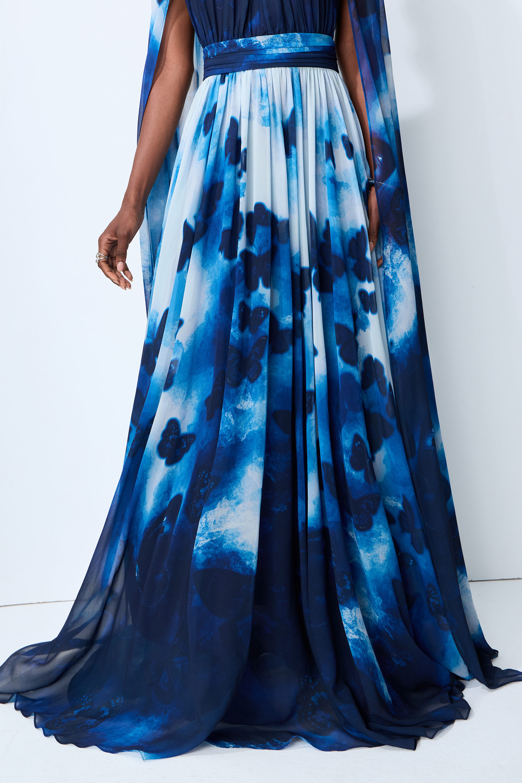 Undeniable Allure Blue Butterfly Print Cape Sleeve Maxi Dress