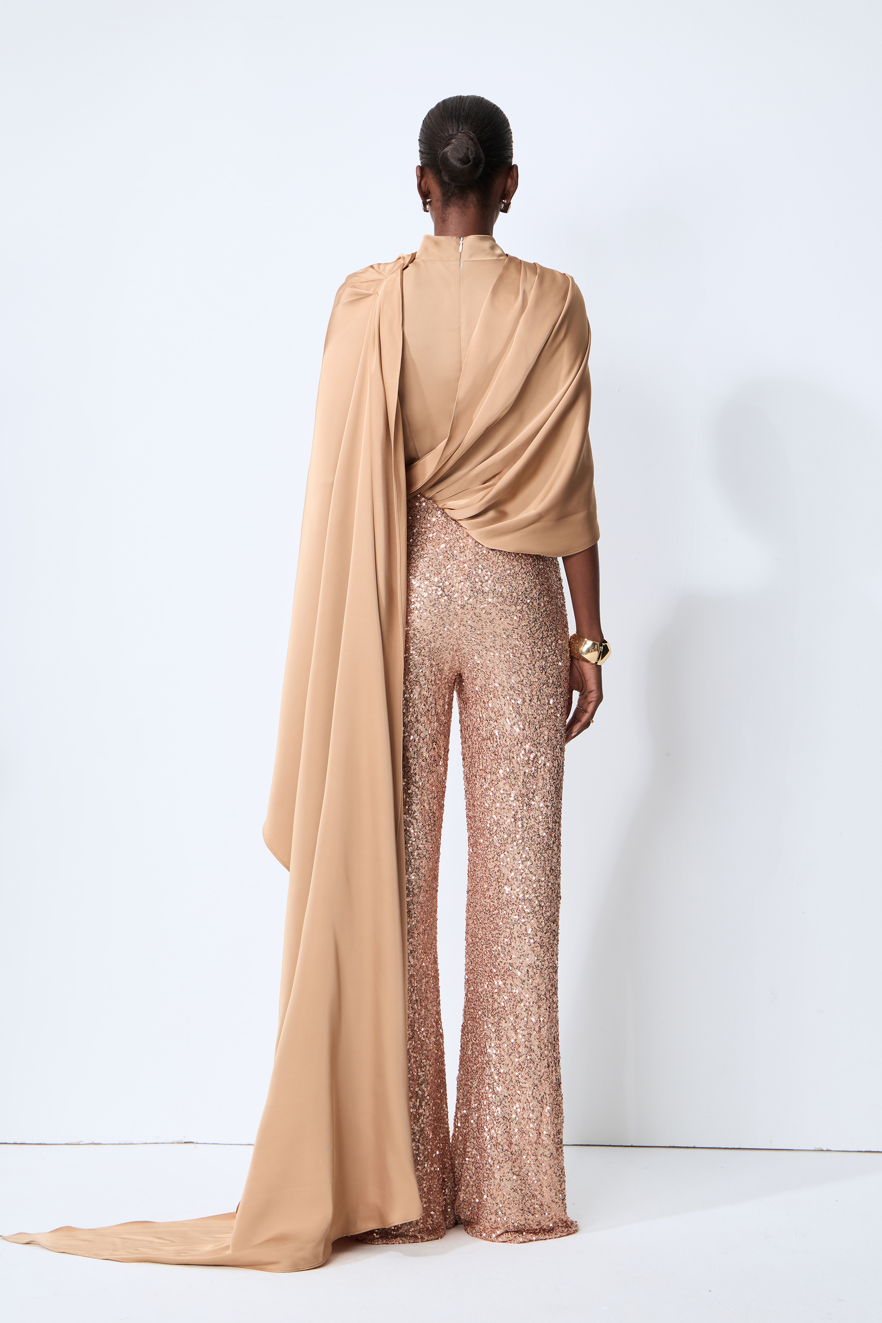 Immaculate Chicness Khaki Satin Cape Top & Sequin Pants Set