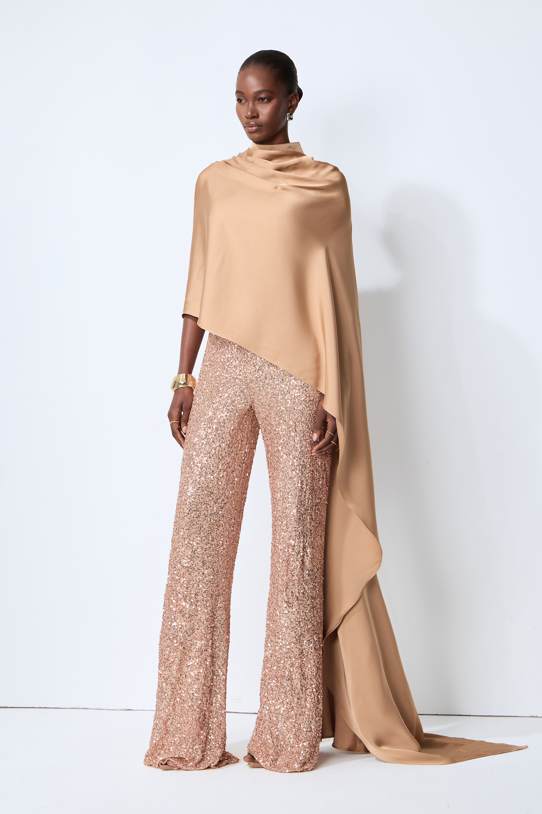 Immaculate Chicness Khaki Satin Cape Top & Sequin Pants Set