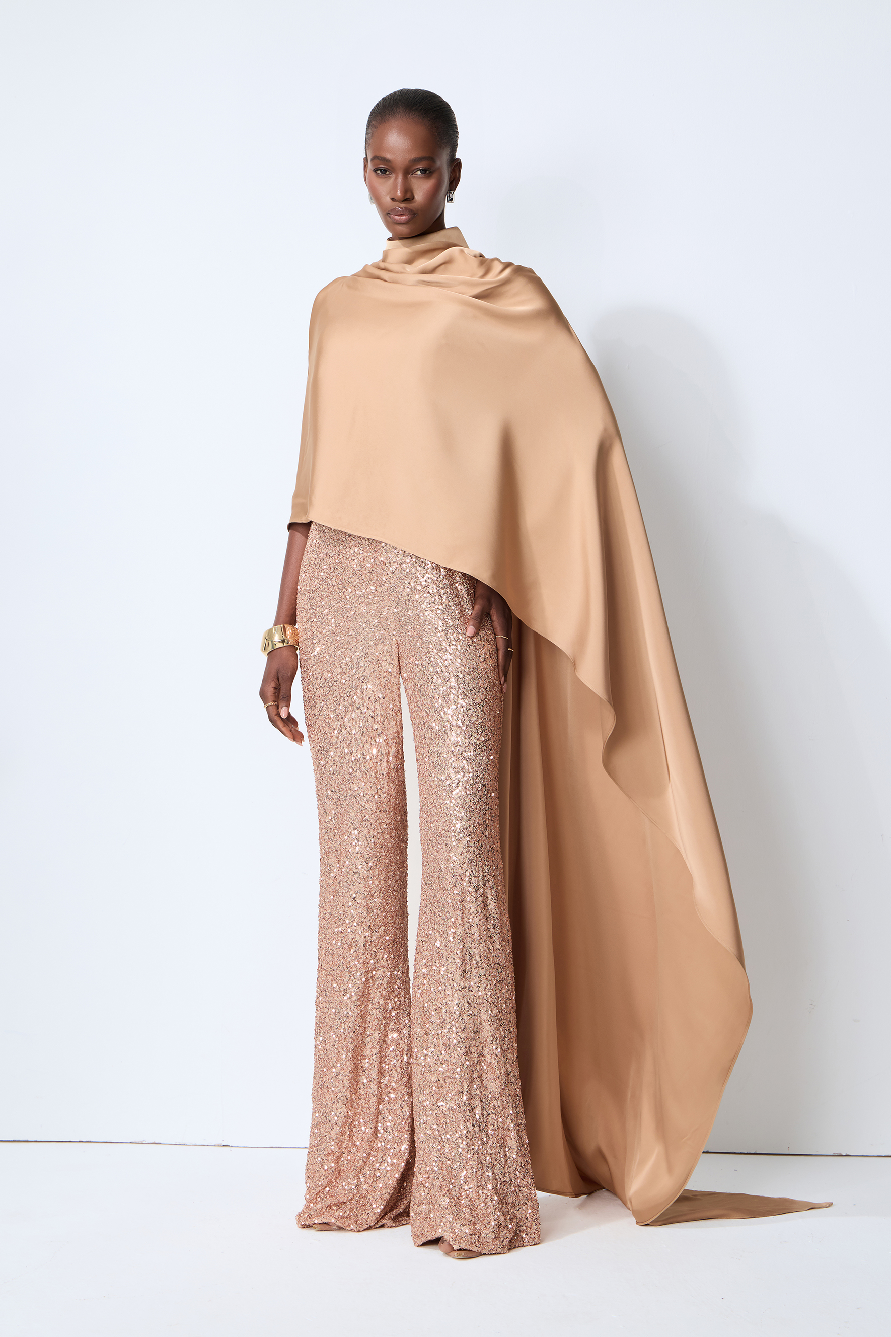 Immaculate Chicness Khaki Satin Cape Top & Sequin Pants Set