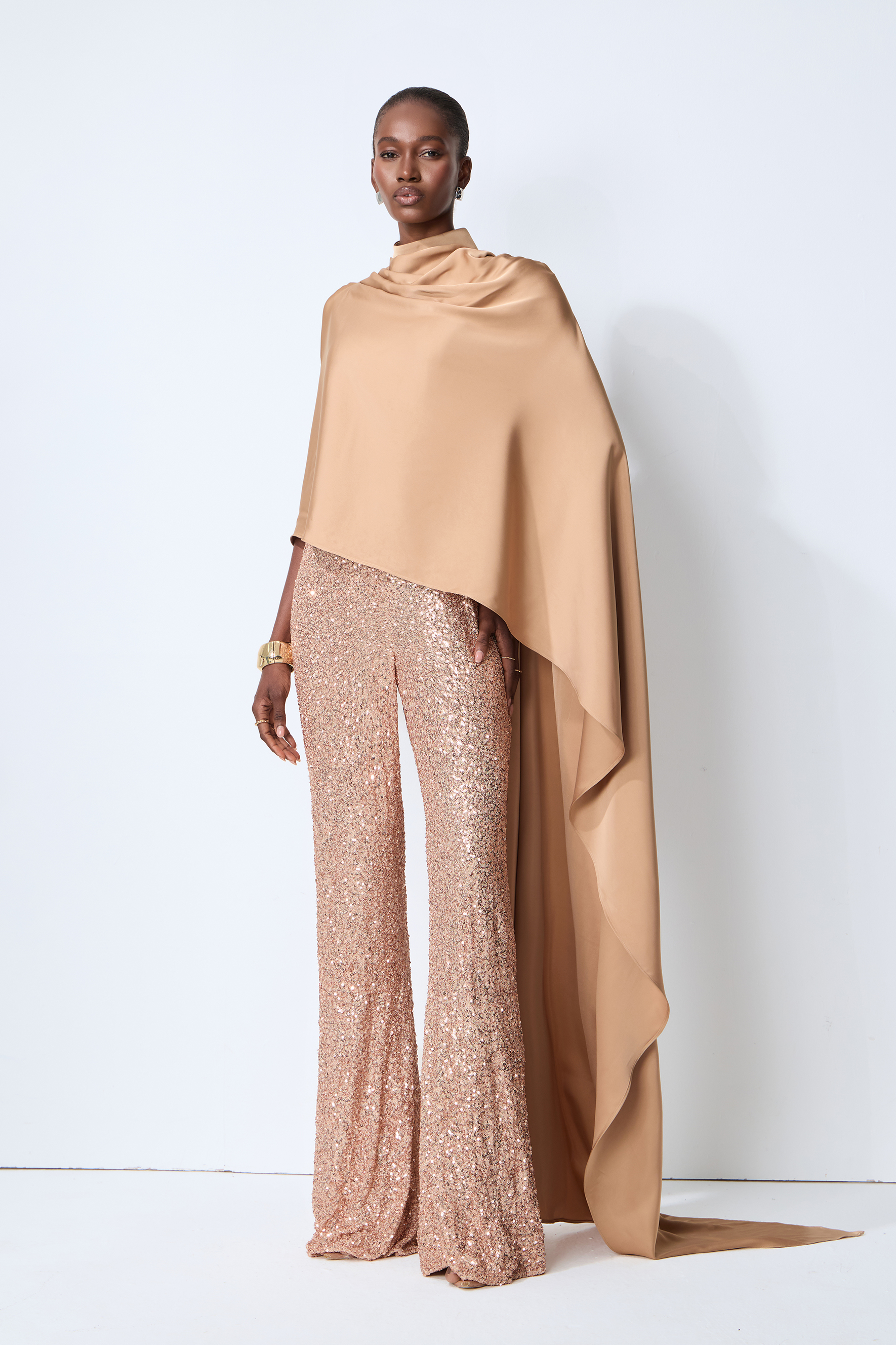Immaculate Chicness Khaki Satin Cape Top & Sequin Pants Set – sunfere