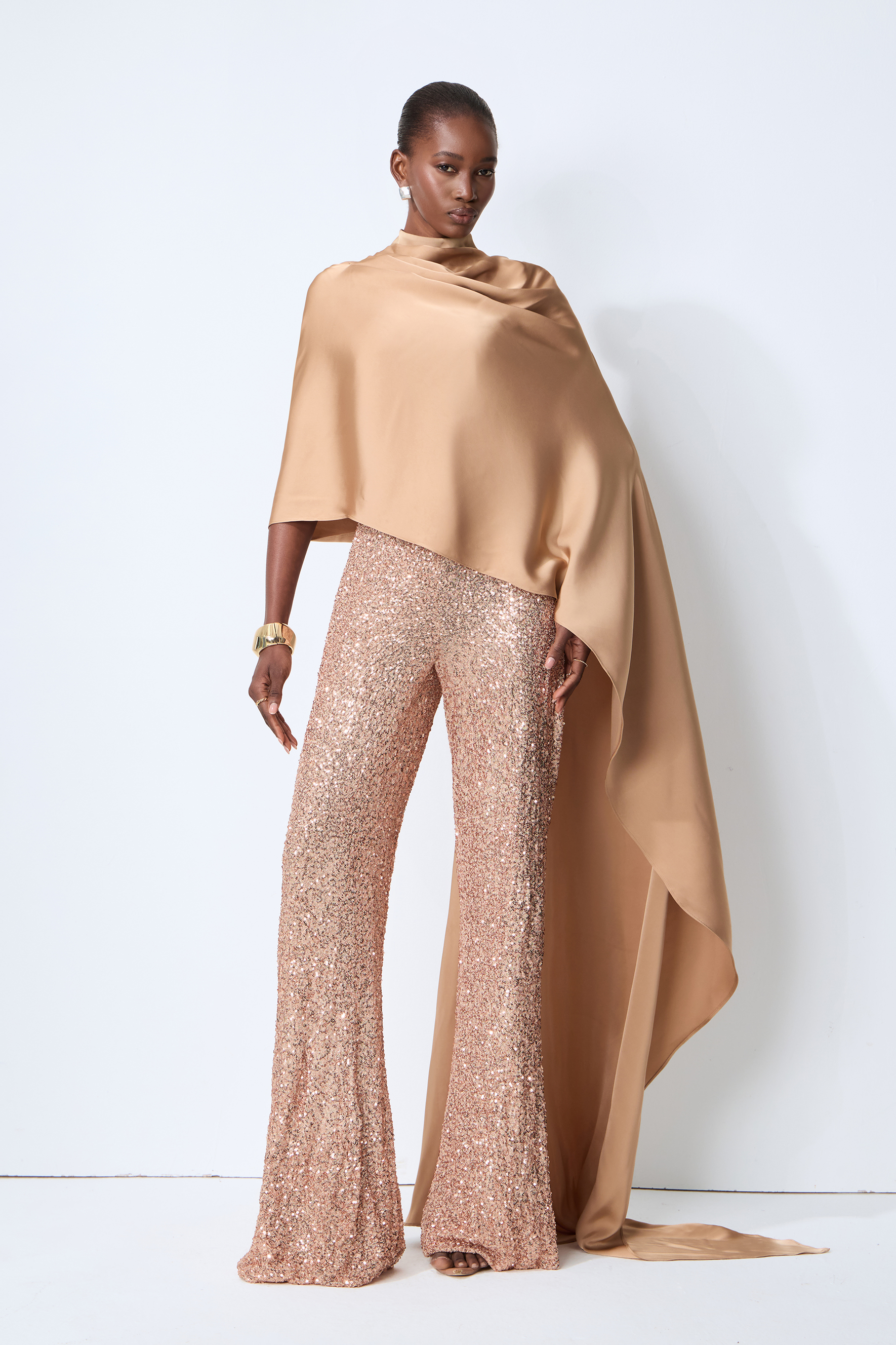 Immaculate Chicness Khaki Satin Cape Top & Sequin Pants Set