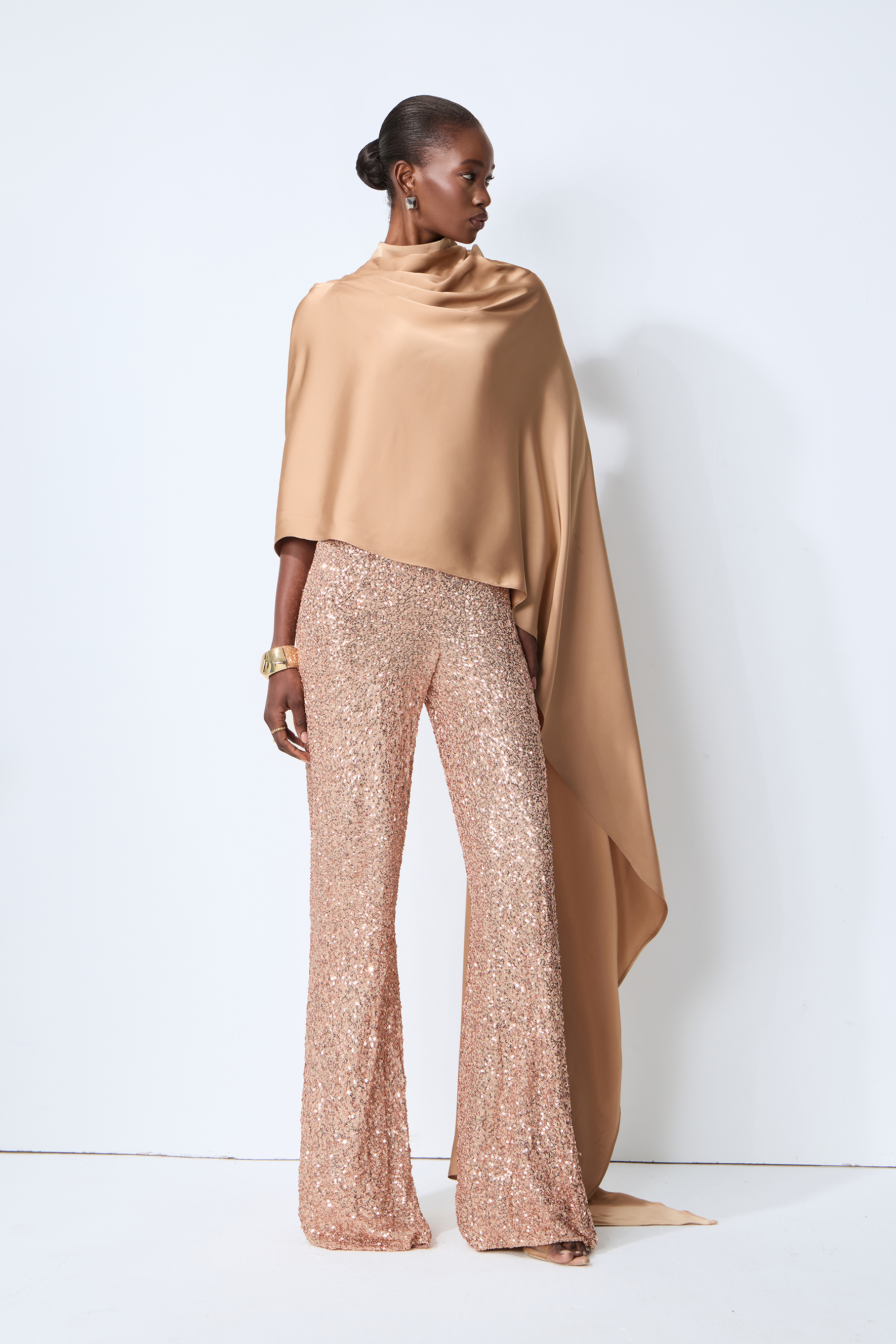 Immaculate Chicness Khaki Satin Cape Top & Sequin Pants Set