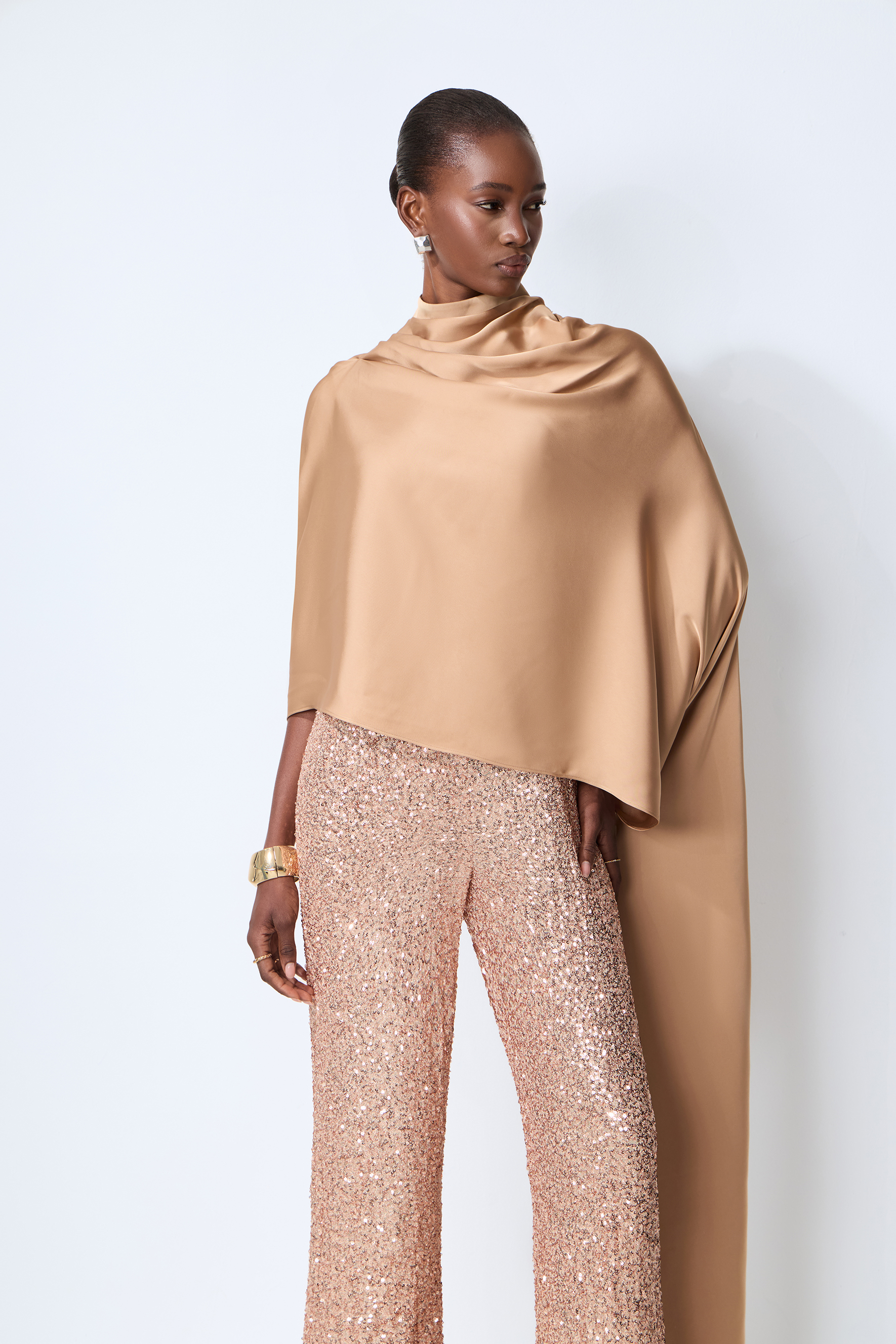 Immaculate Chicness Khaki Satin Cape Top & Sequin Pants Set