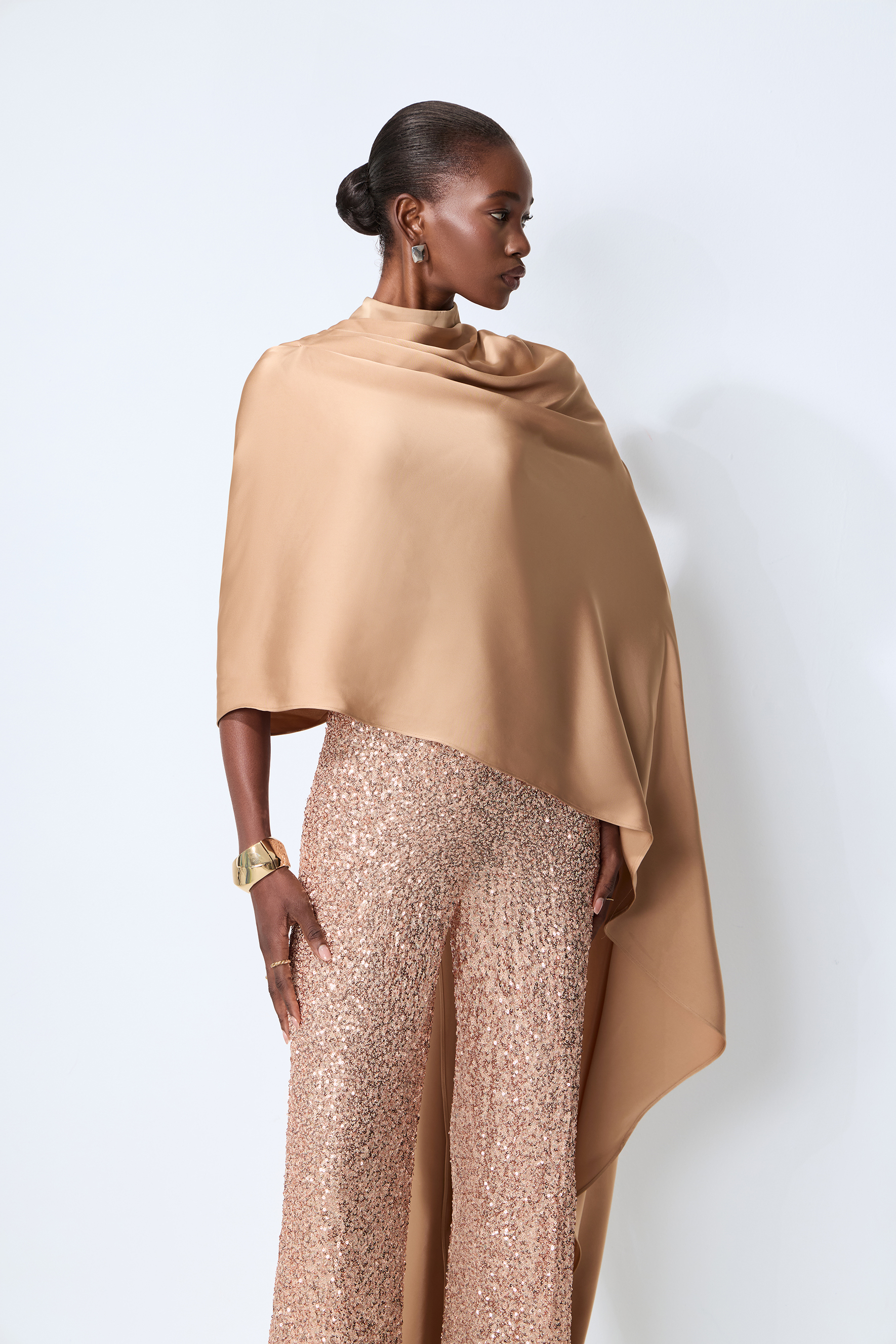 Immaculate Chicness Khaki Satin Cape Top & Sequin Pants Set