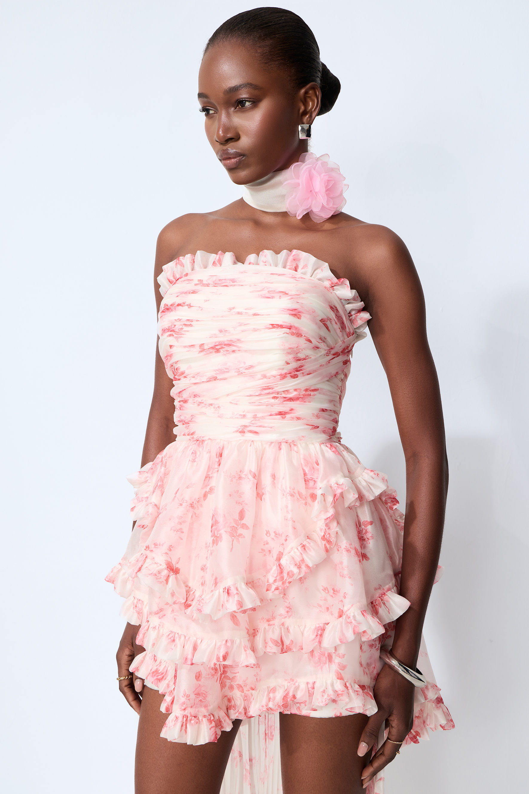 Like An Angel Pink Floral Print Tiered Ruffle Mini Dress