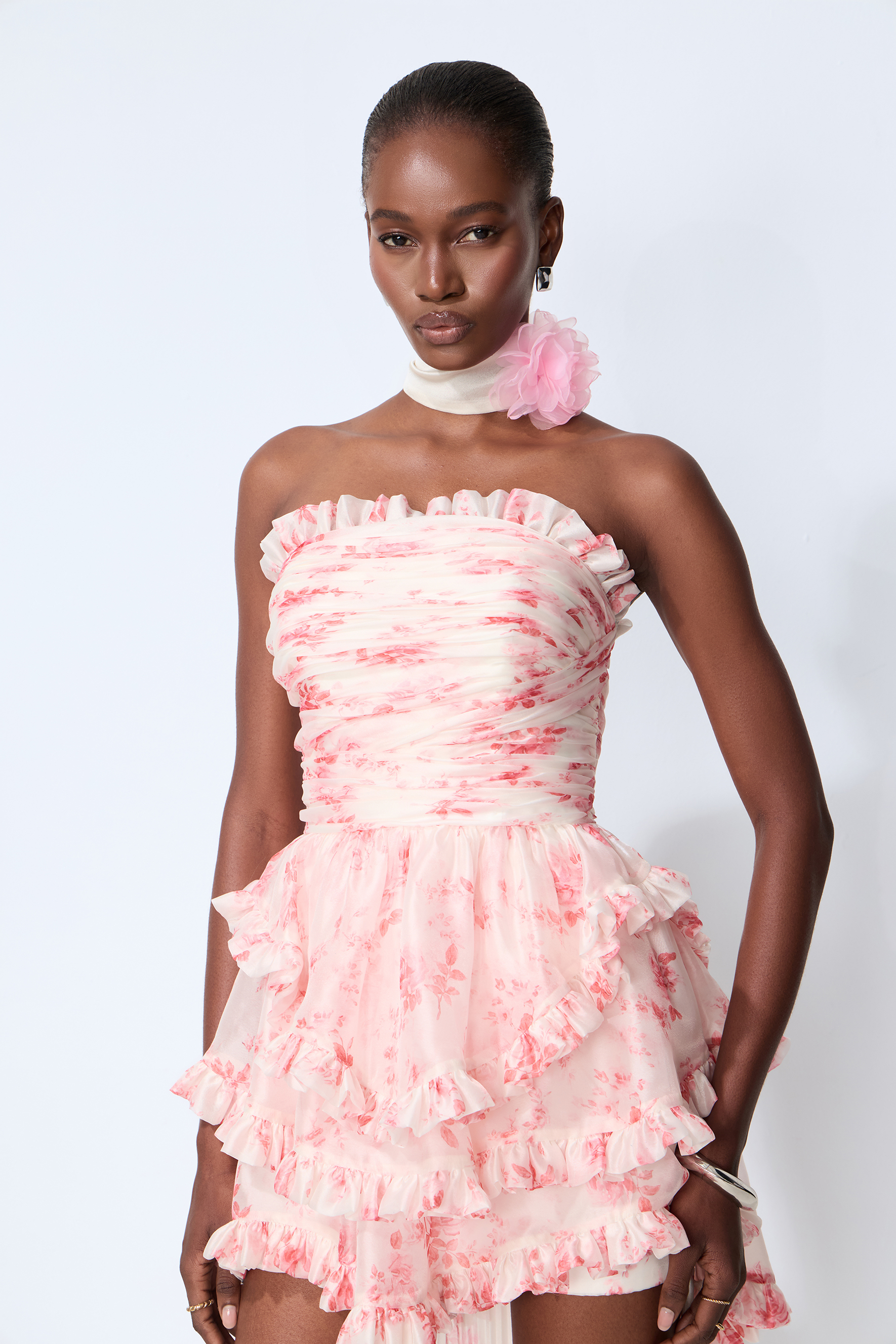 Like An Angel Pink Floral Print Tiered Ruffle Mini Dress