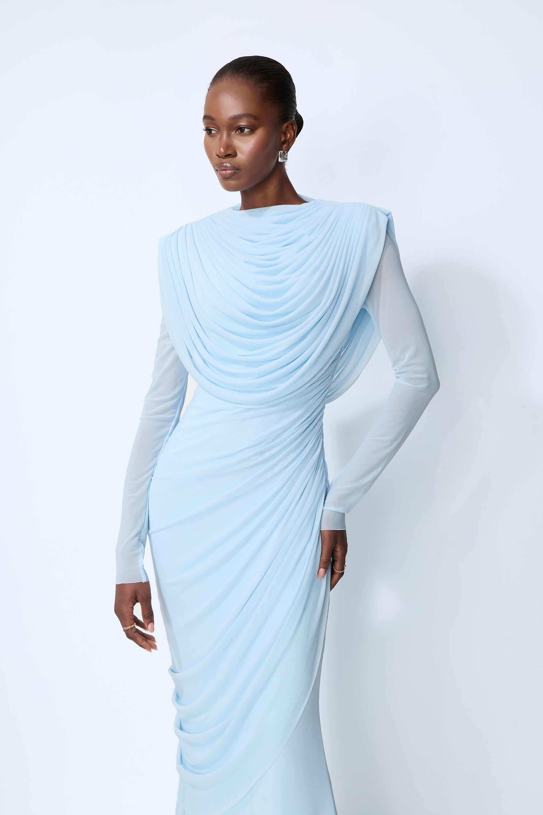 One Last Dance Blue Cowl Neck Long Sleeve Maxi Dress