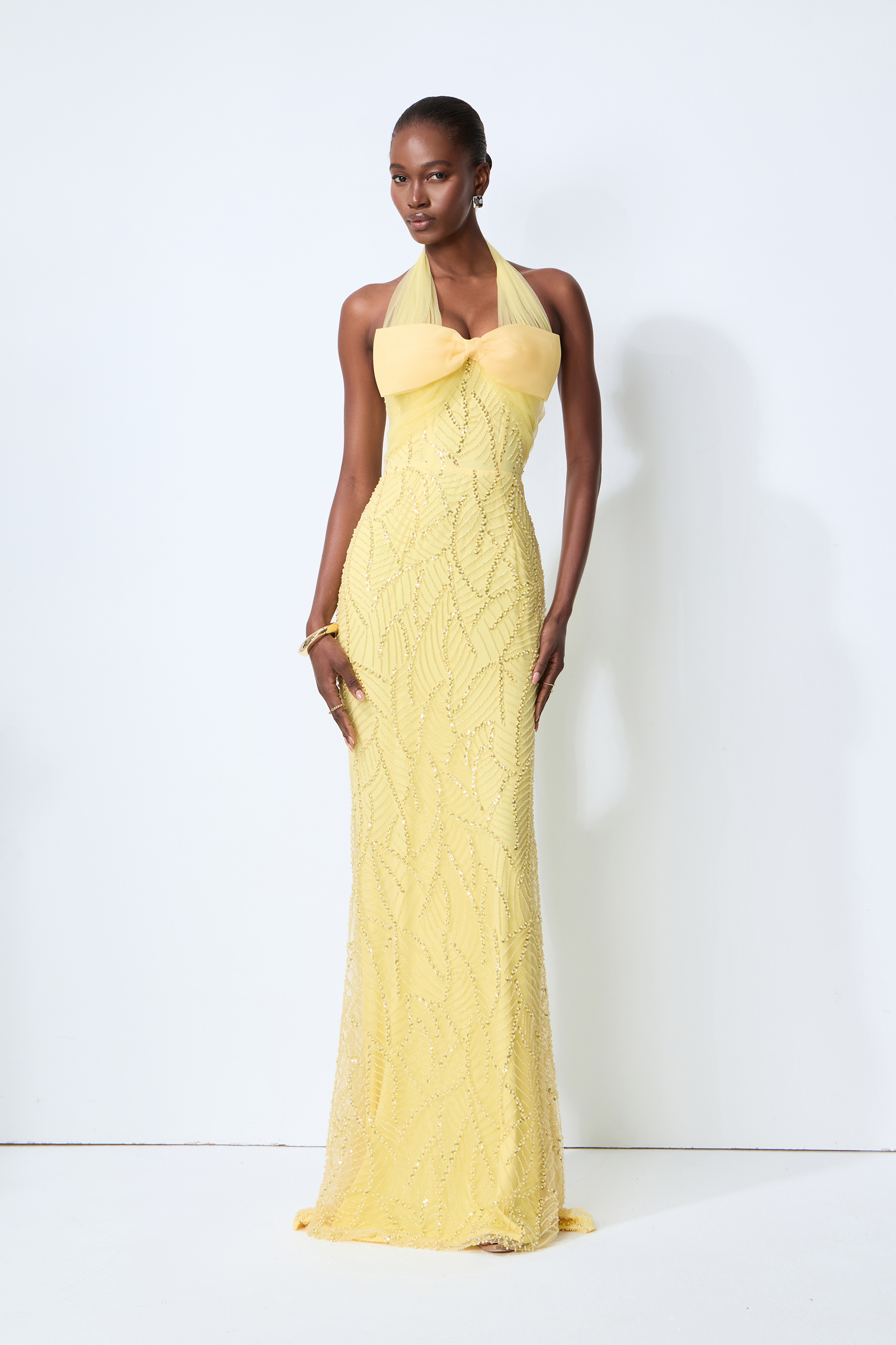 Shine Into Midnight Yellow Bow Sequin Embellished Maxi Dress