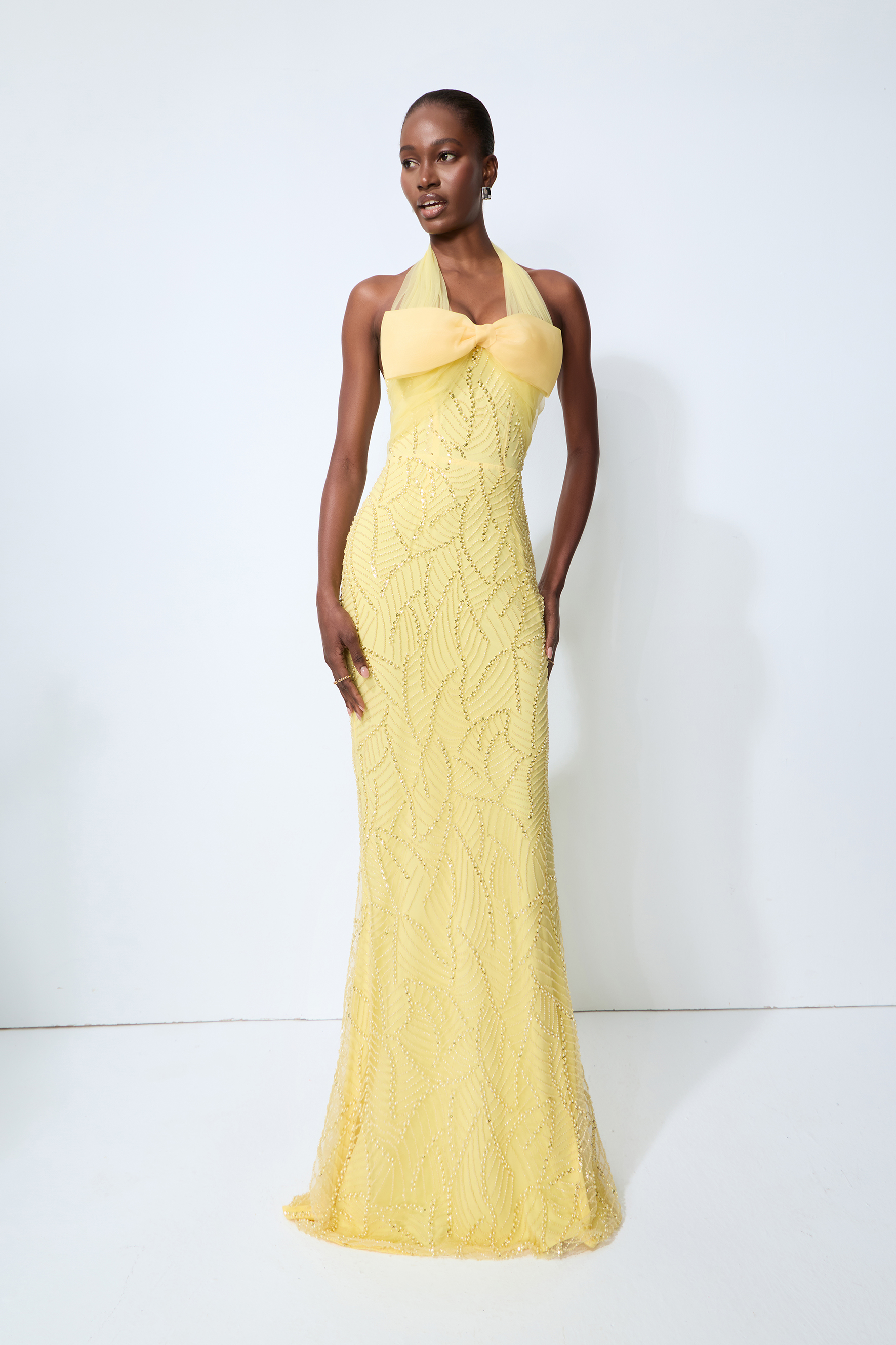Shine Into Midnight Yellow Bow Sequin Embellished Maxi Dress