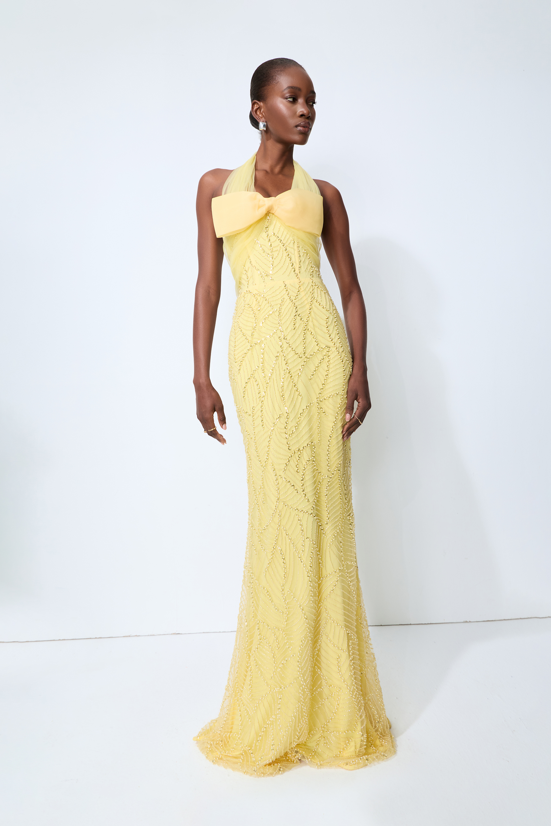 Shine Into Midnight Yellow Bow Sequin Embellished Maxi Dress