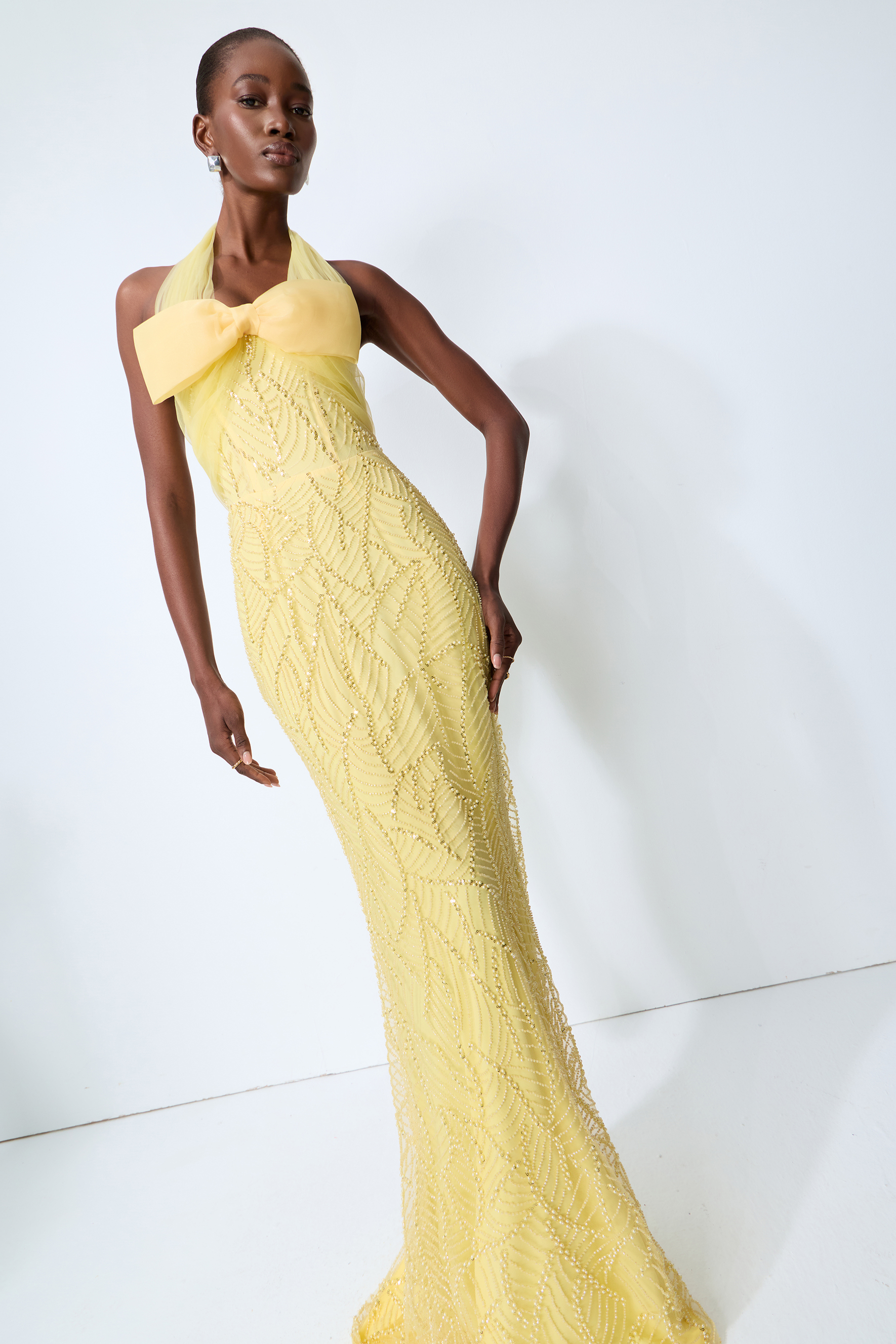 Shine Into Midnight Yellow Bow Sequin Embellished Maxi Dress