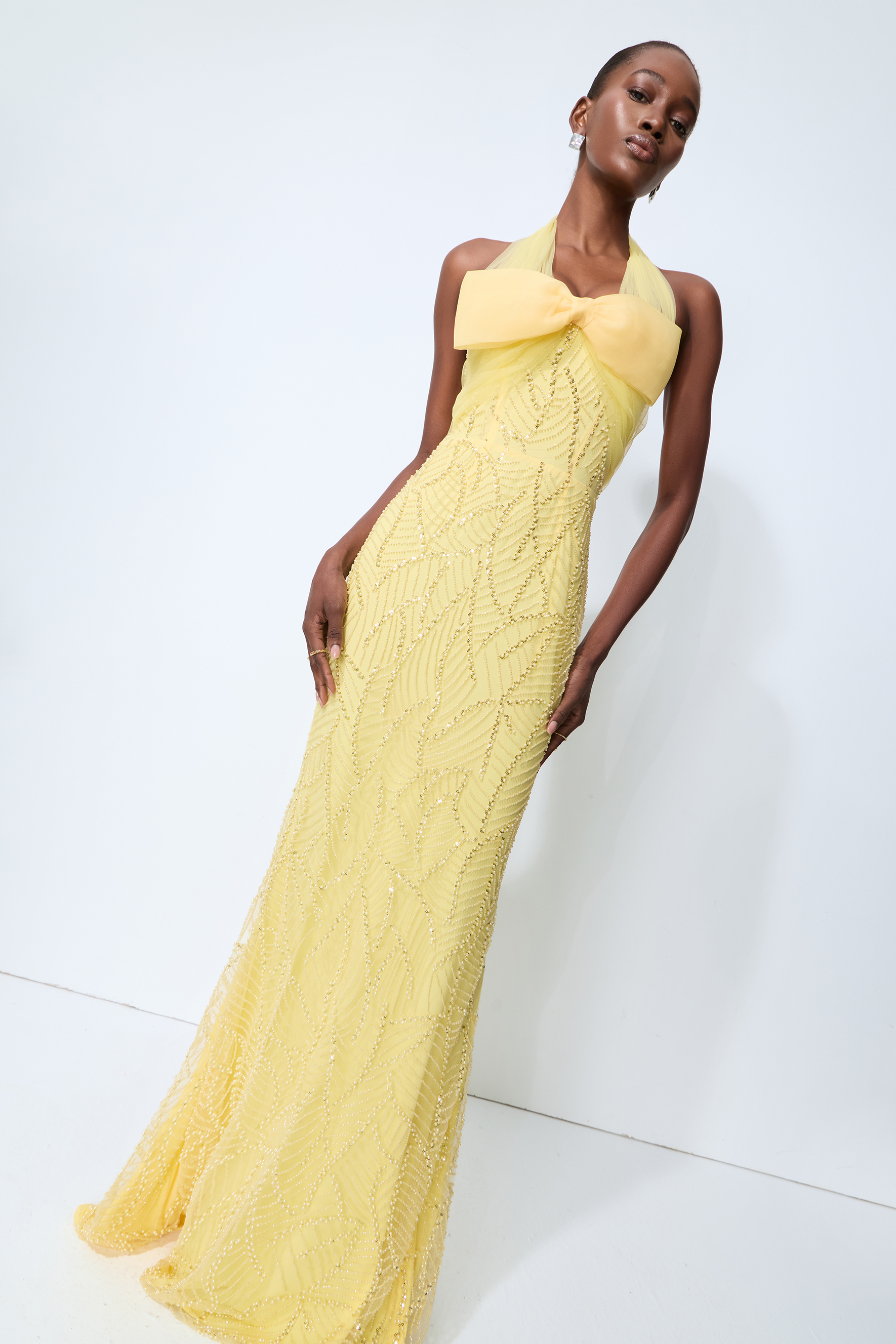 Shine Into Midnight Yellow Bow Sequin Embellished Maxi Dress