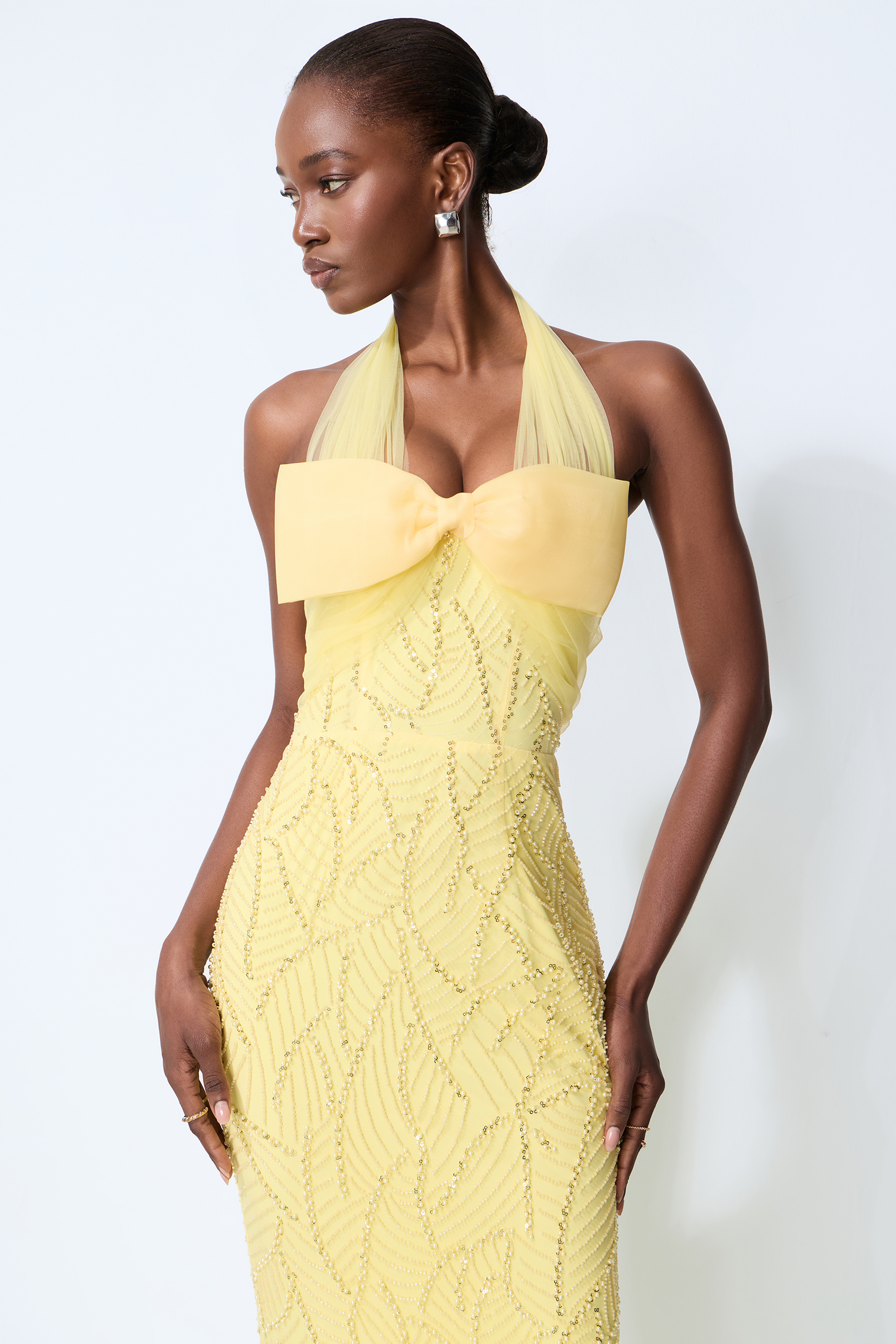 Shine Into Midnight Yellow Bow Sequin Embellished Maxi Dress