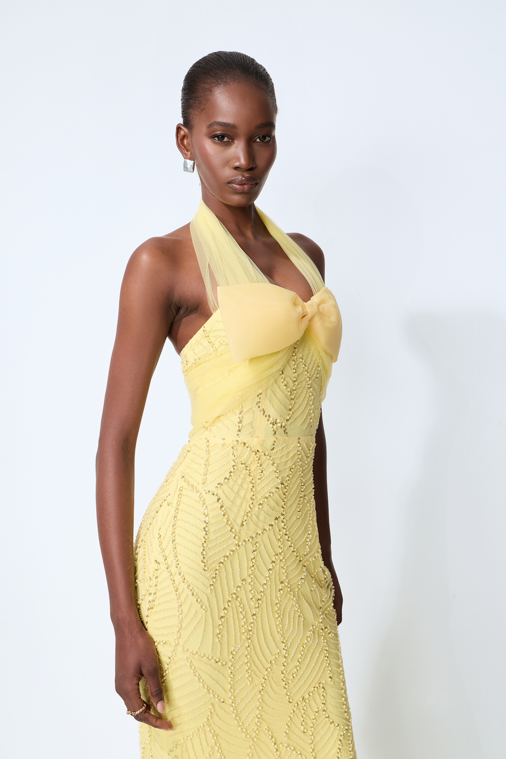 Shine Into Midnight Yellow Bow Sequin Embellished Maxi Dress