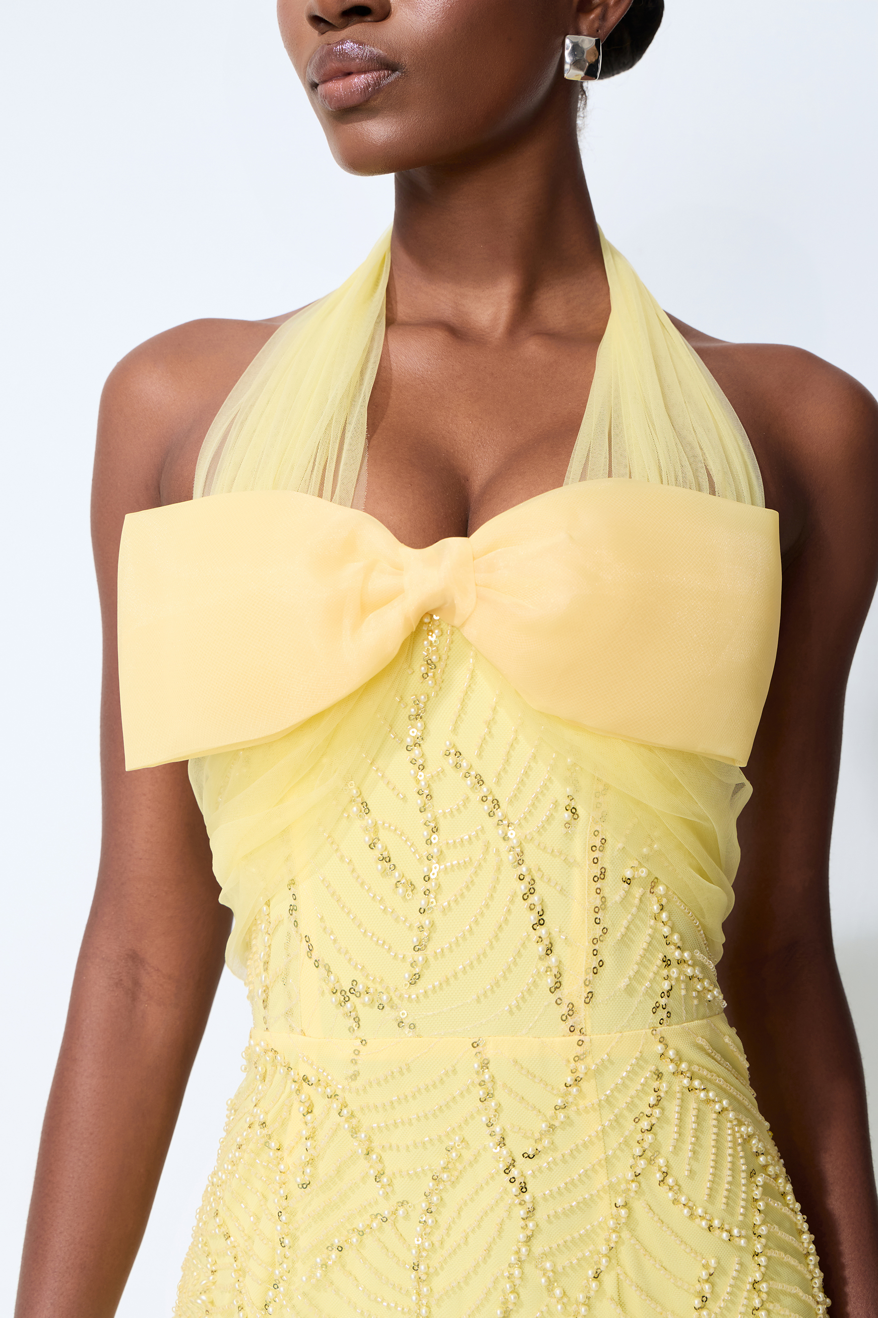 Shine Into Midnight Yellow Bow Sequin Embellished Maxi Dress