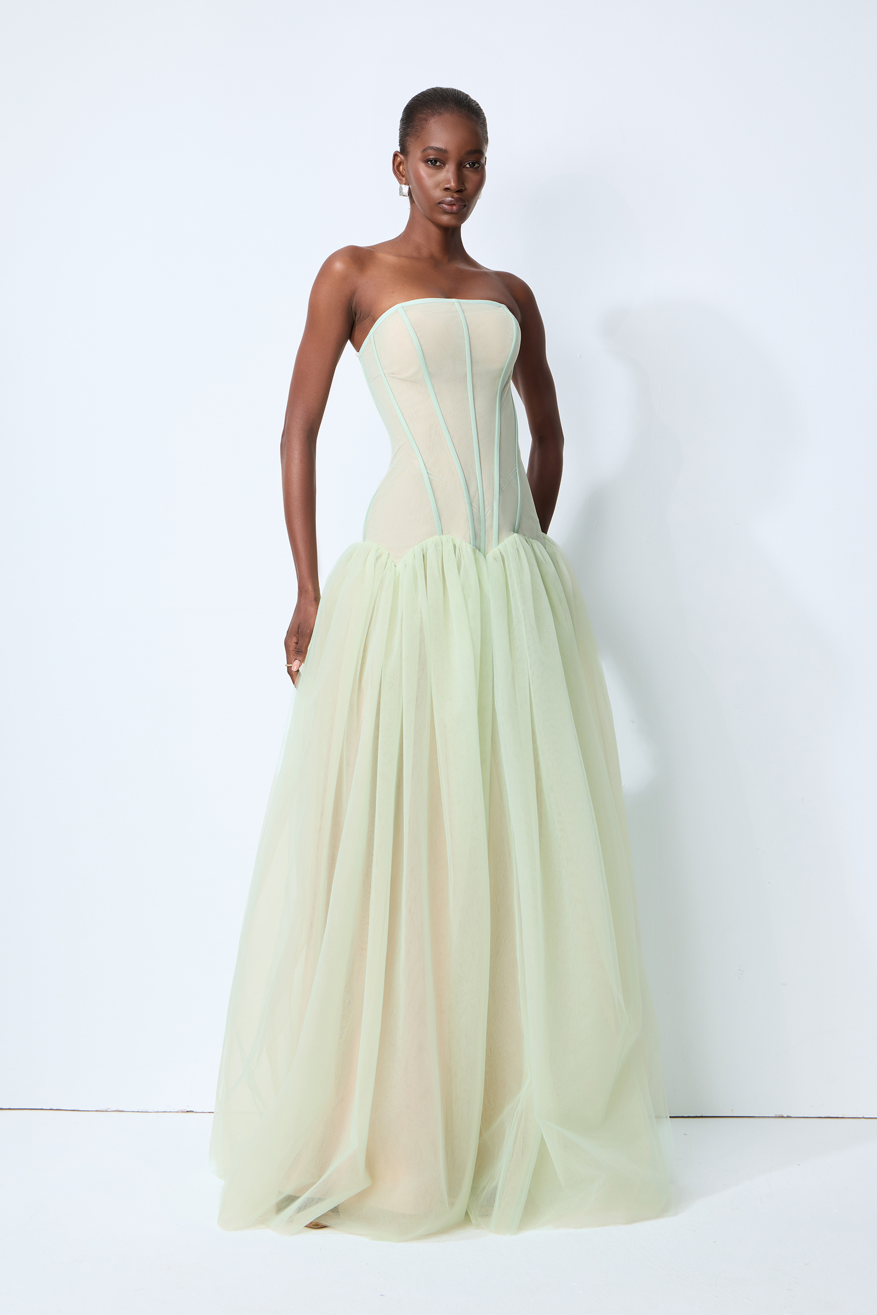 Enchanting Lady Green Corset Bodice Tulle Maxi Dress