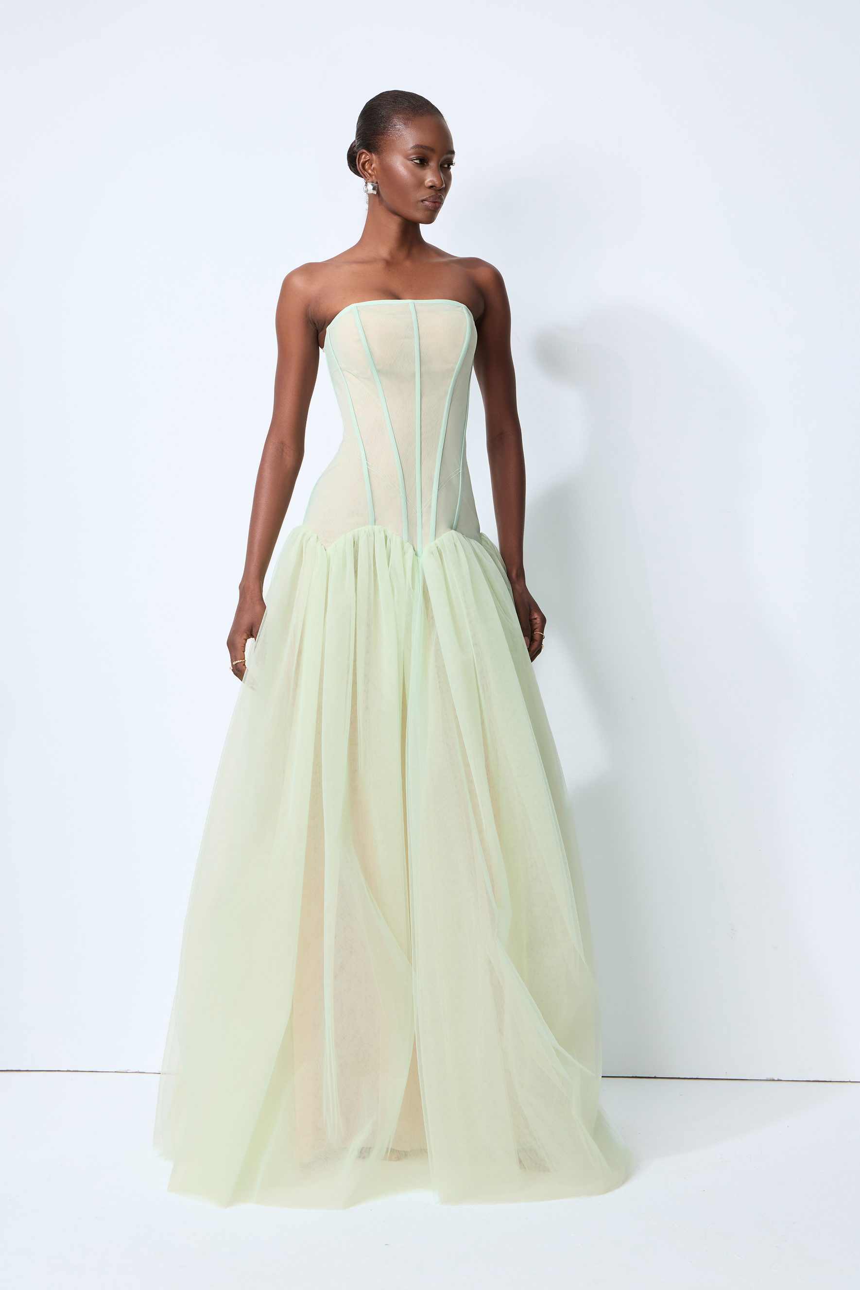 Enchanting Lady Green Corset Bodice Tulle Maxi Dress