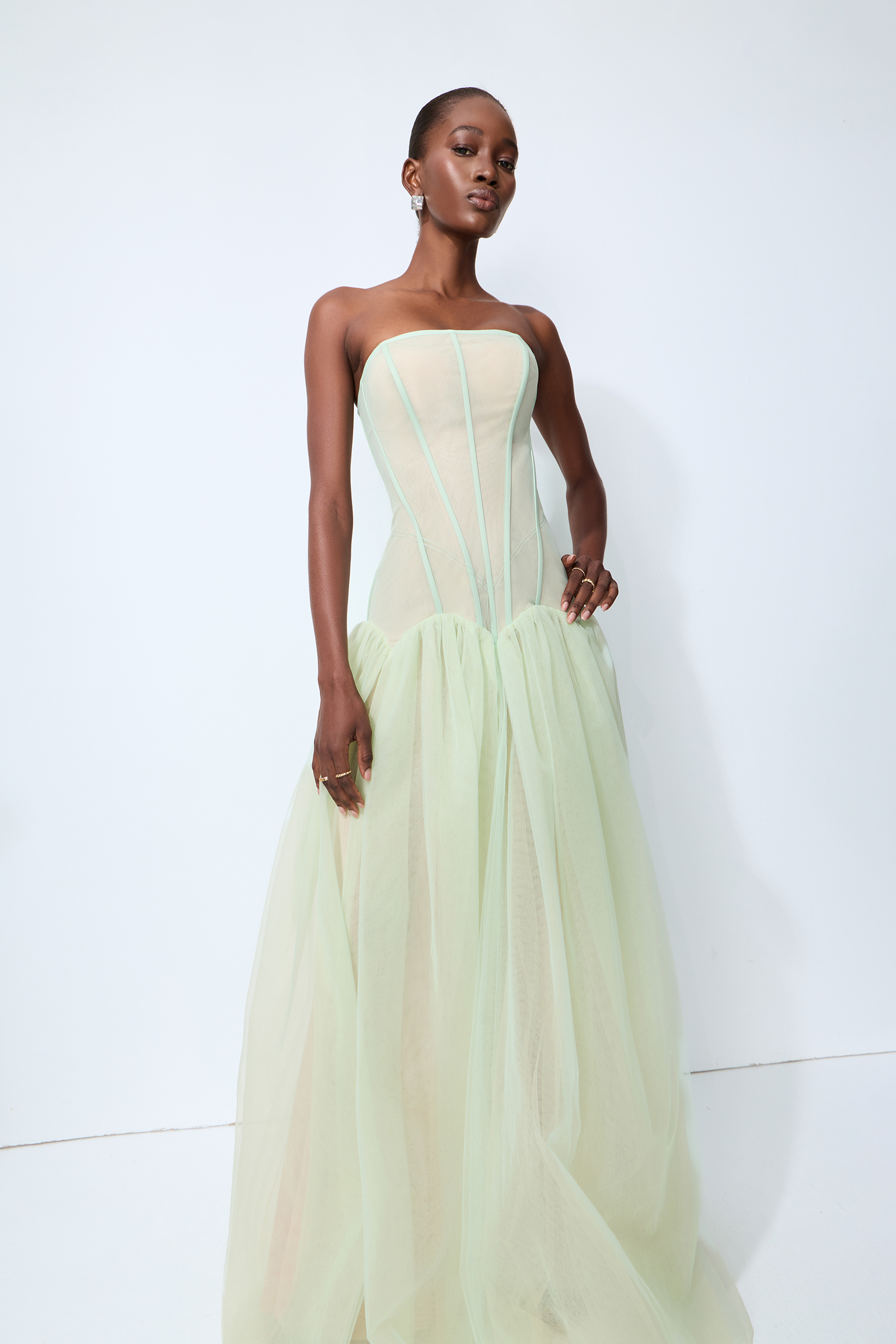 Enchanting Lady Green Corset Bodice Tulle Maxi Dress
