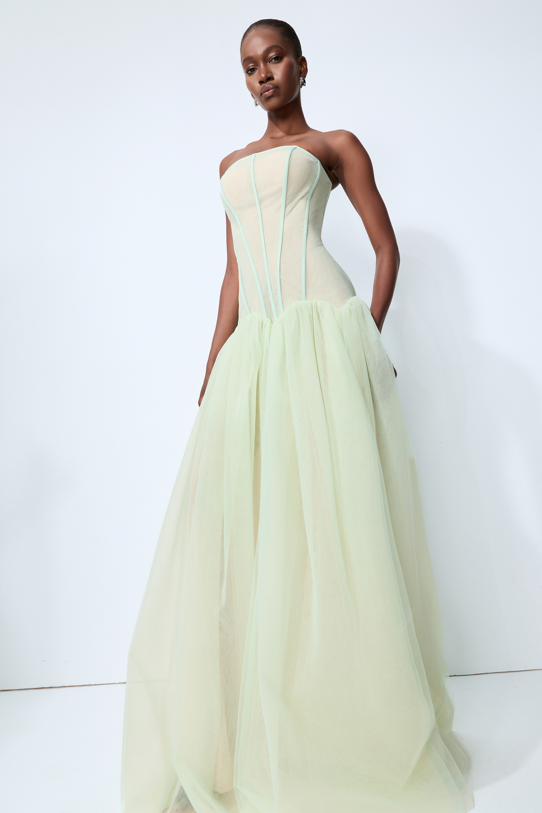 Enchanting Lady Green Corset Bodice Tulle Maxi Dress