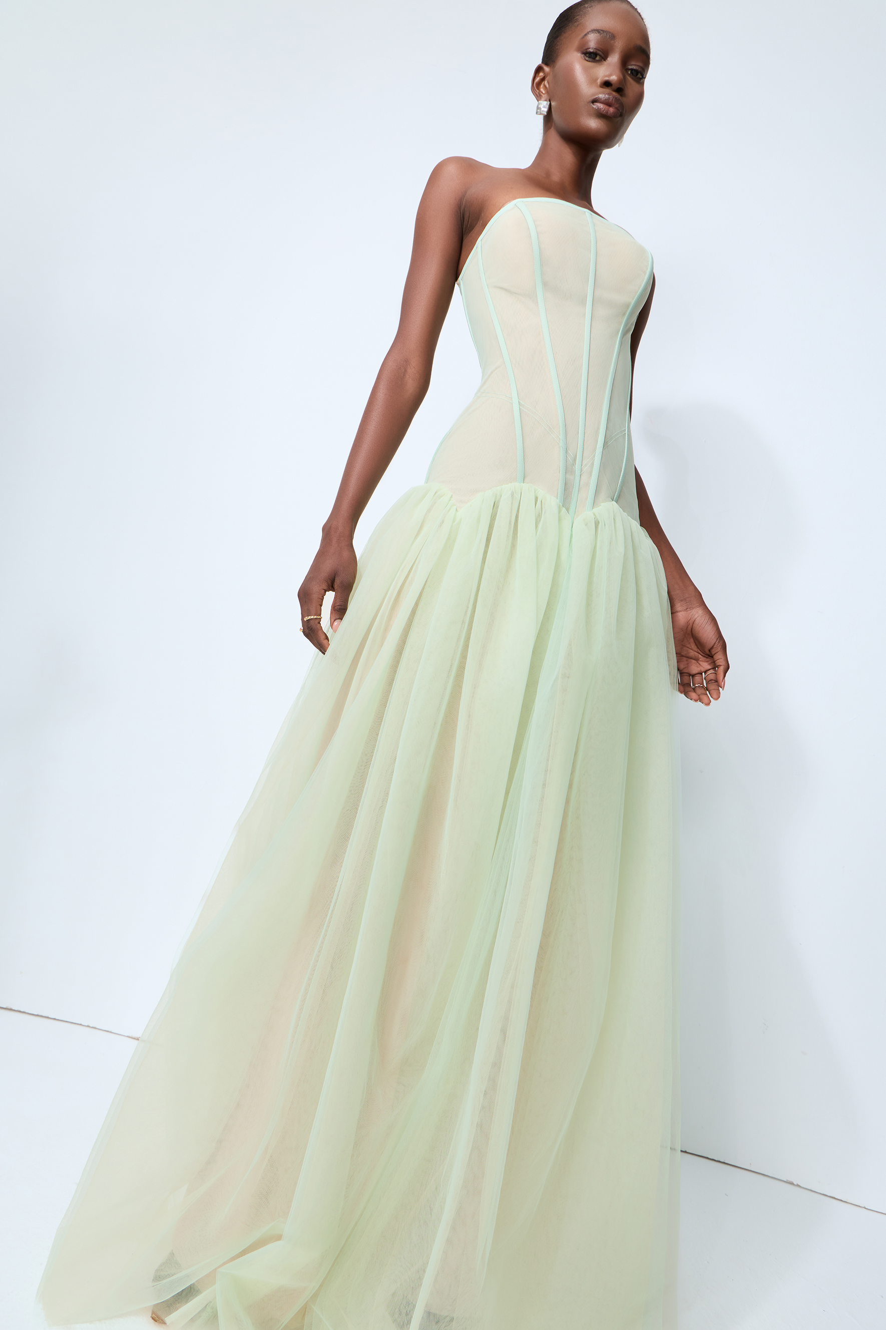 Enchanting Lady Green Corset Bodice Tulle Maxi Dress