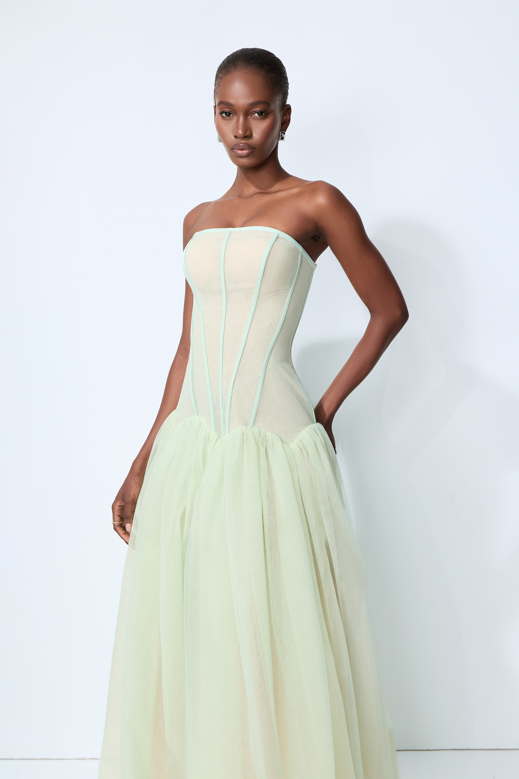 Enchanting Lady Green Corset Bodice Tulle Maxi Dress
