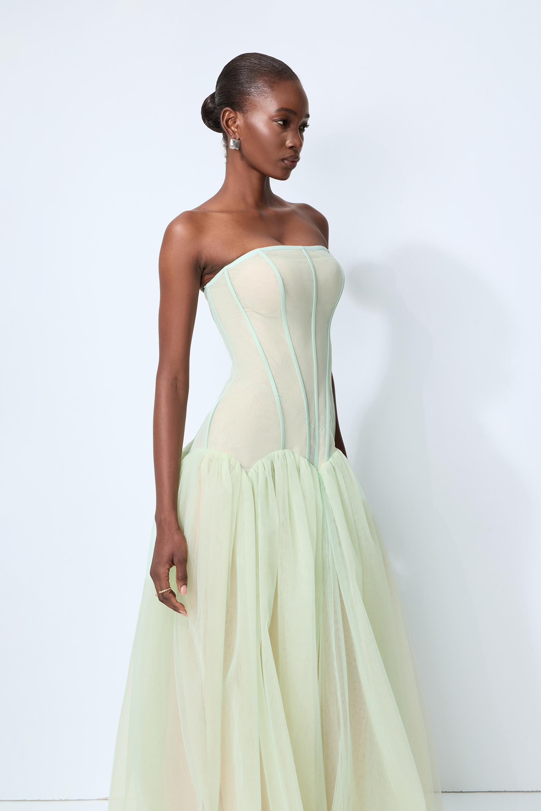Enchanting Lady Green Corset Bodice Tulle Maxi Dress